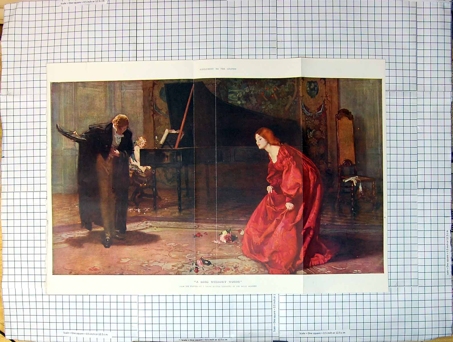 Original Old Antique Print Colour Song Without Words Romance Music Piano