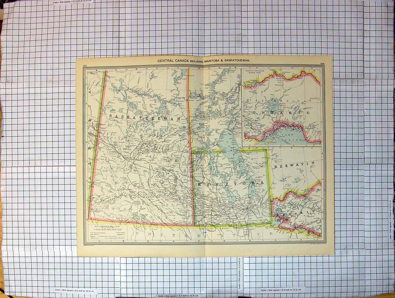 Antique Old Print Map Central Canada Manitoba Saskatchewan Winnipeg Ontario