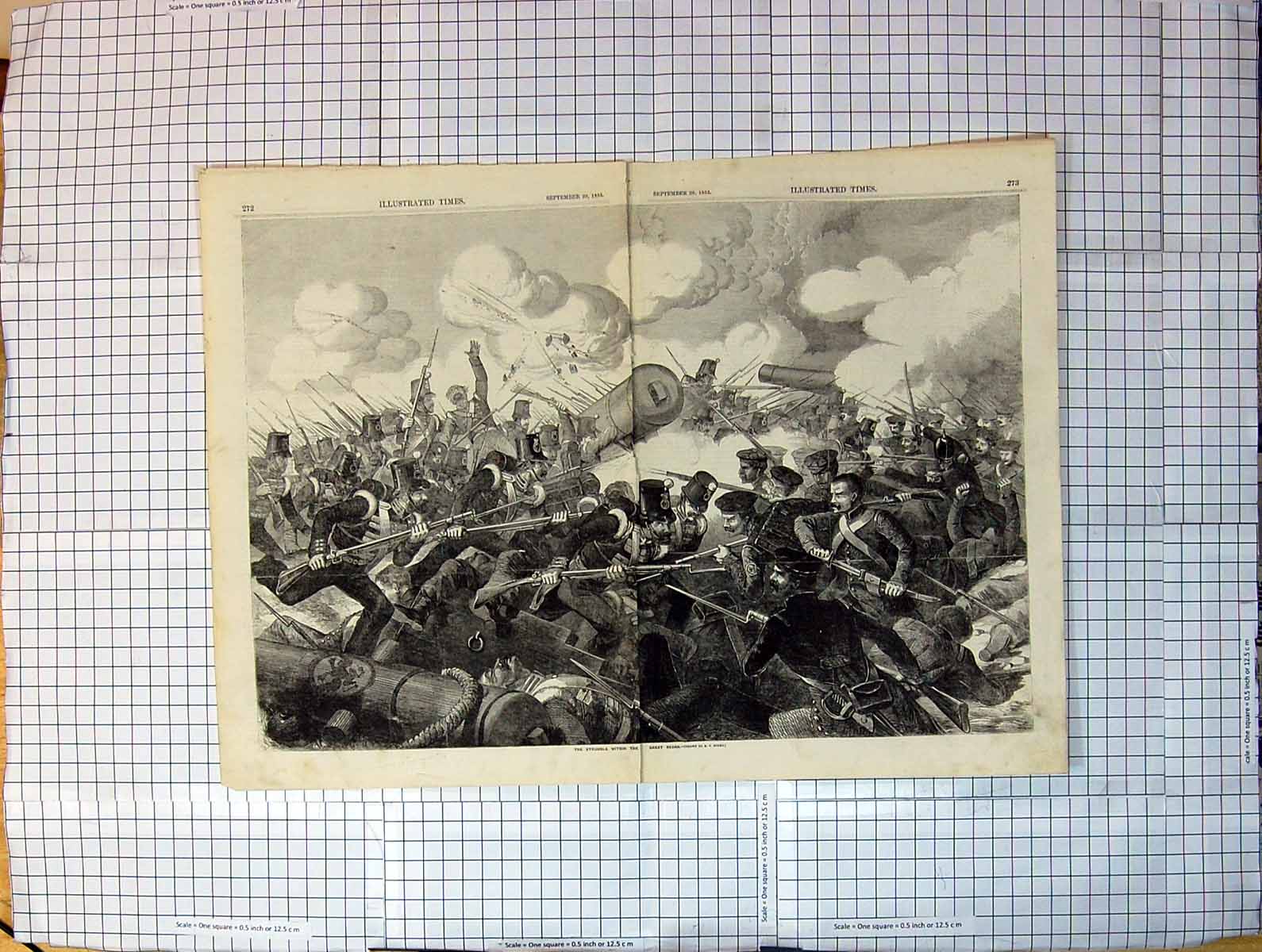 Original Old Antique Print Damaged 1855 War Battle Redan Siers Weapons 19th