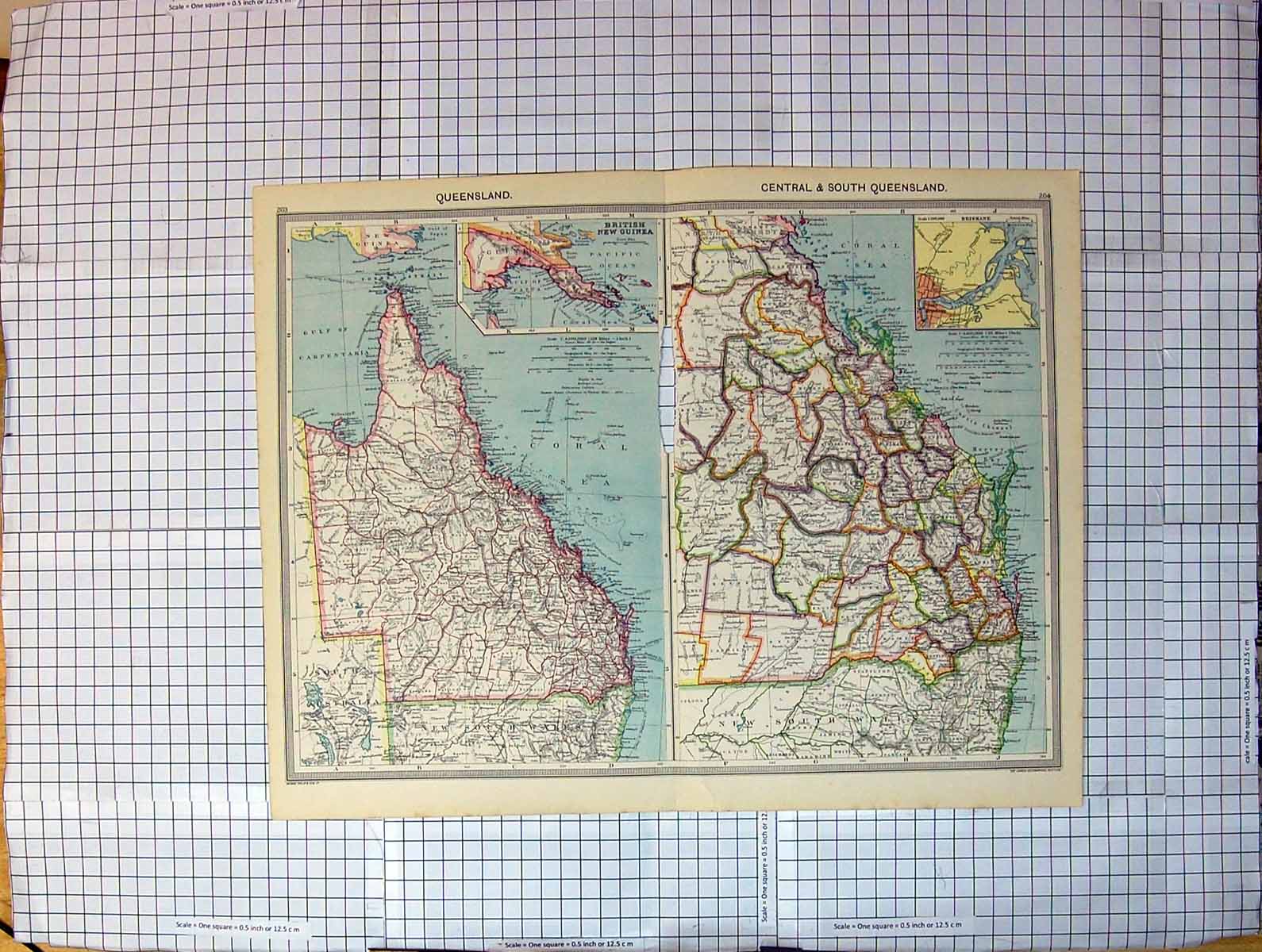 Antique Old Print Map Australia Queensland British New Guinea Plan Brisbane