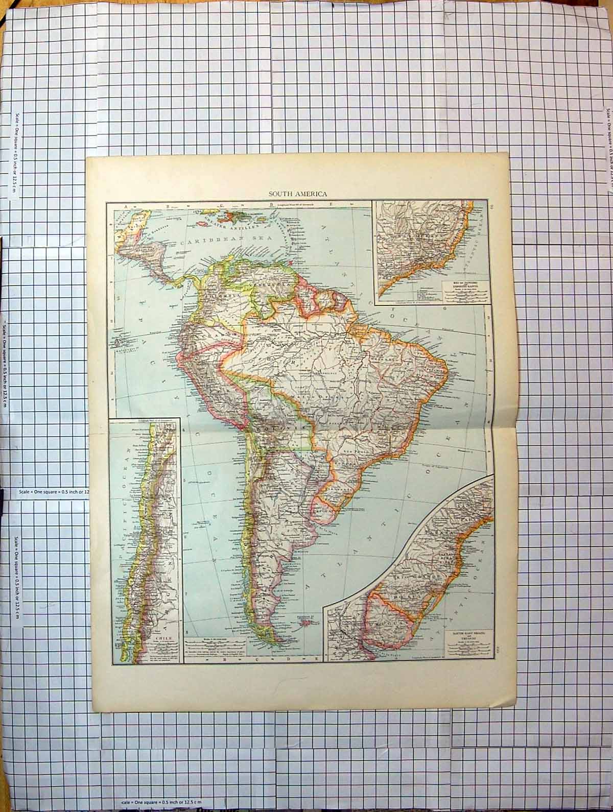 Antique Old Print Colour Map South America Brazil Uruguay Chile Rio Janeiro