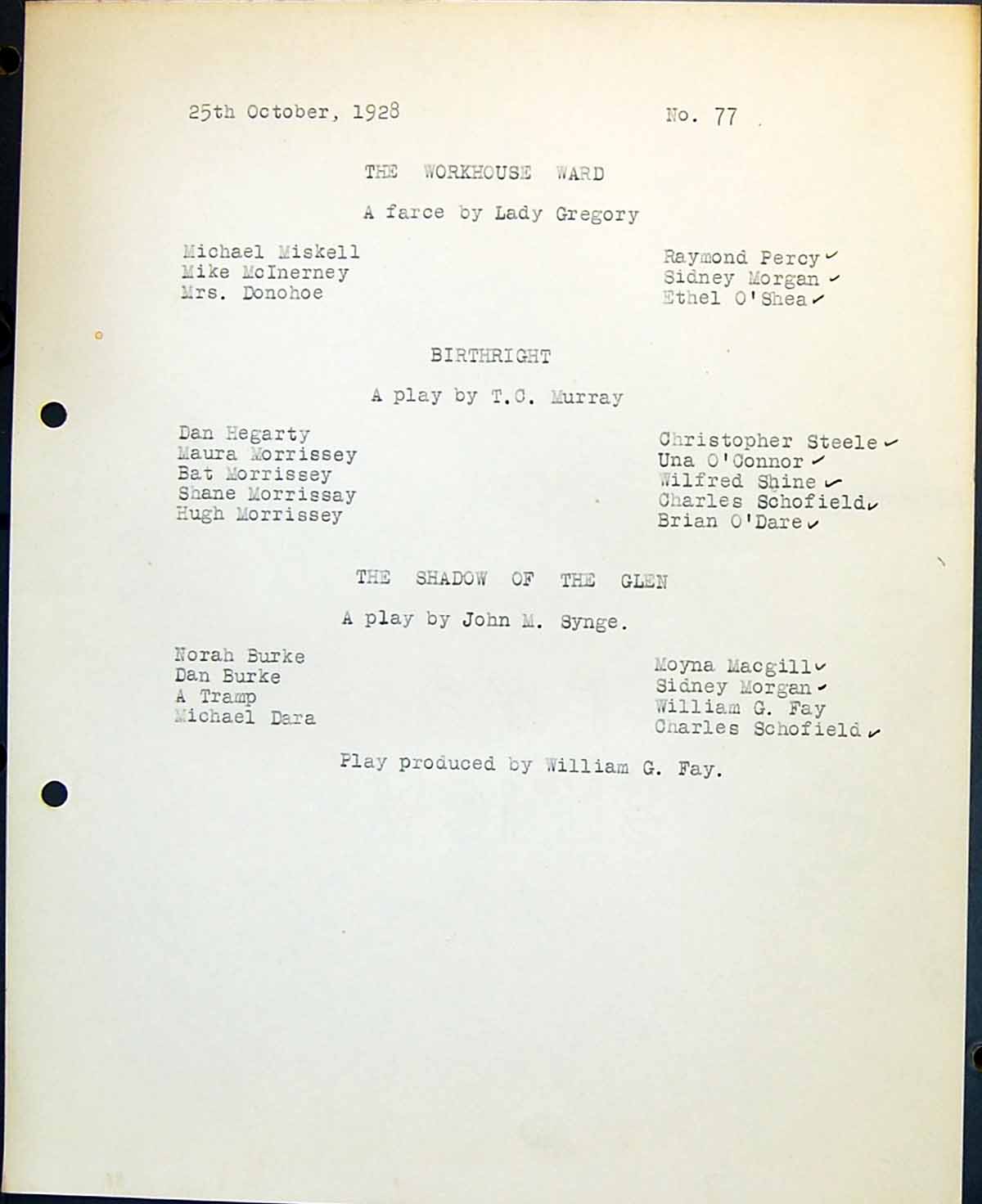 Old 1928 Workhouse Ward Theatre Farce Lady Gregory Murray Shadow Glen 20th