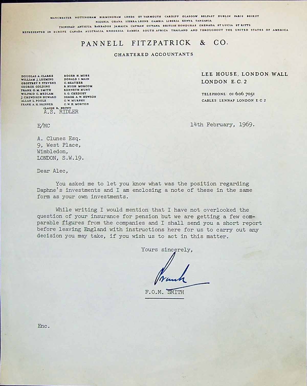 Old Letter Pannell Fitzpatrick Accountants Alec Clunes Daphne Smith