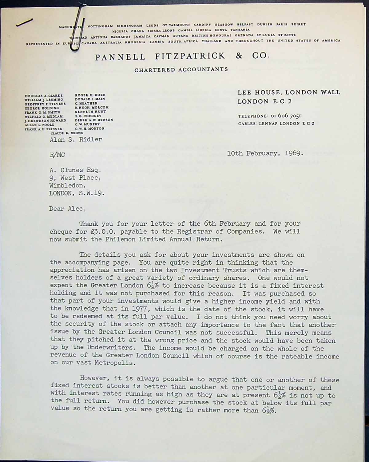 Old Letter 1969 Pannell Fitzpatrick Accountants Alec Clunes Alan Ridl 20th