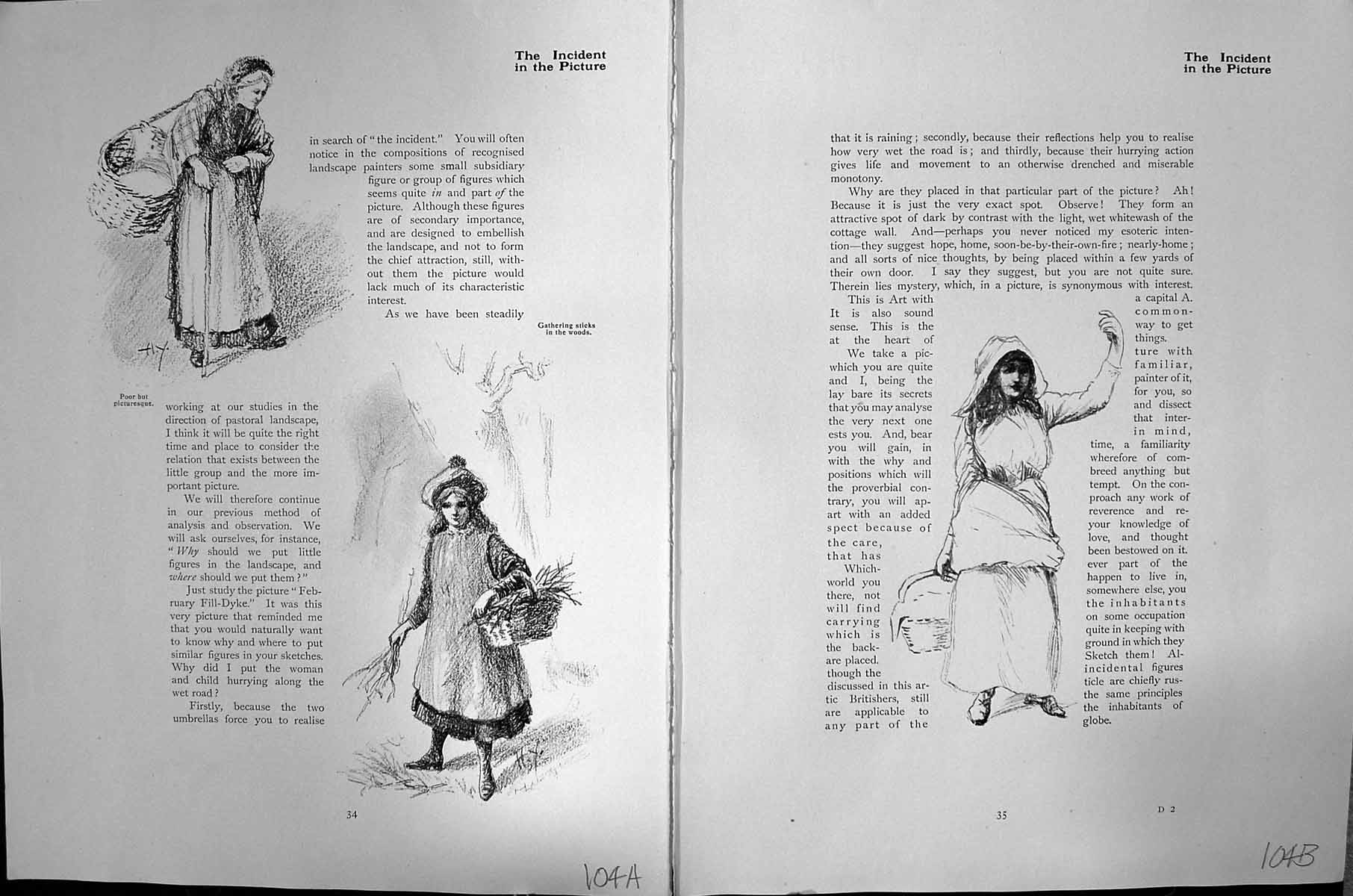 Old Hayward Young Sketch C1912 Women Gathering Sticks Woods Men Log C 20th