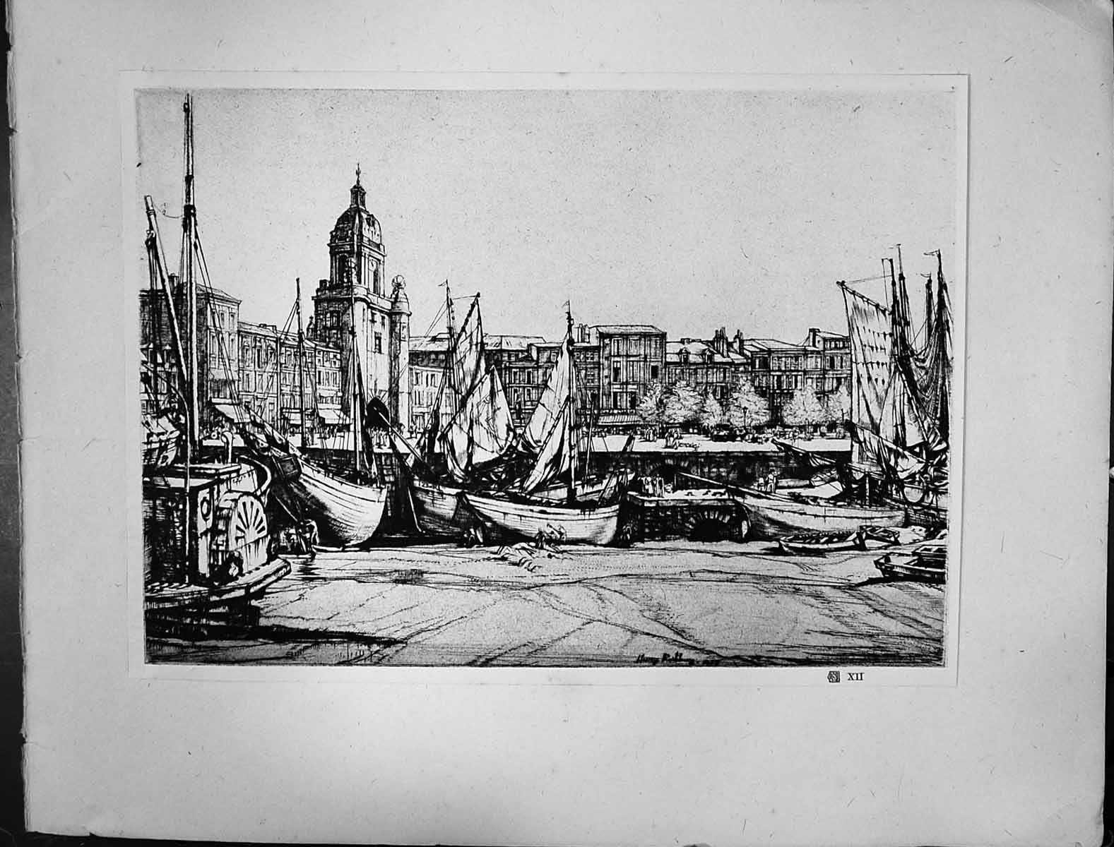 Old 1928 Etching Rushbury Ships Boats Harbour Architecture Buildings 20th