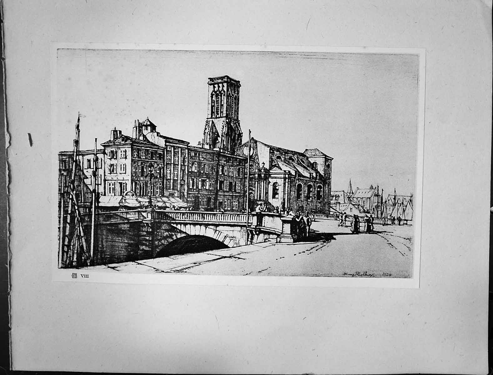 Old 1928 Etching Rushbury La Rochelle Connell Architecture Buildings 20th
