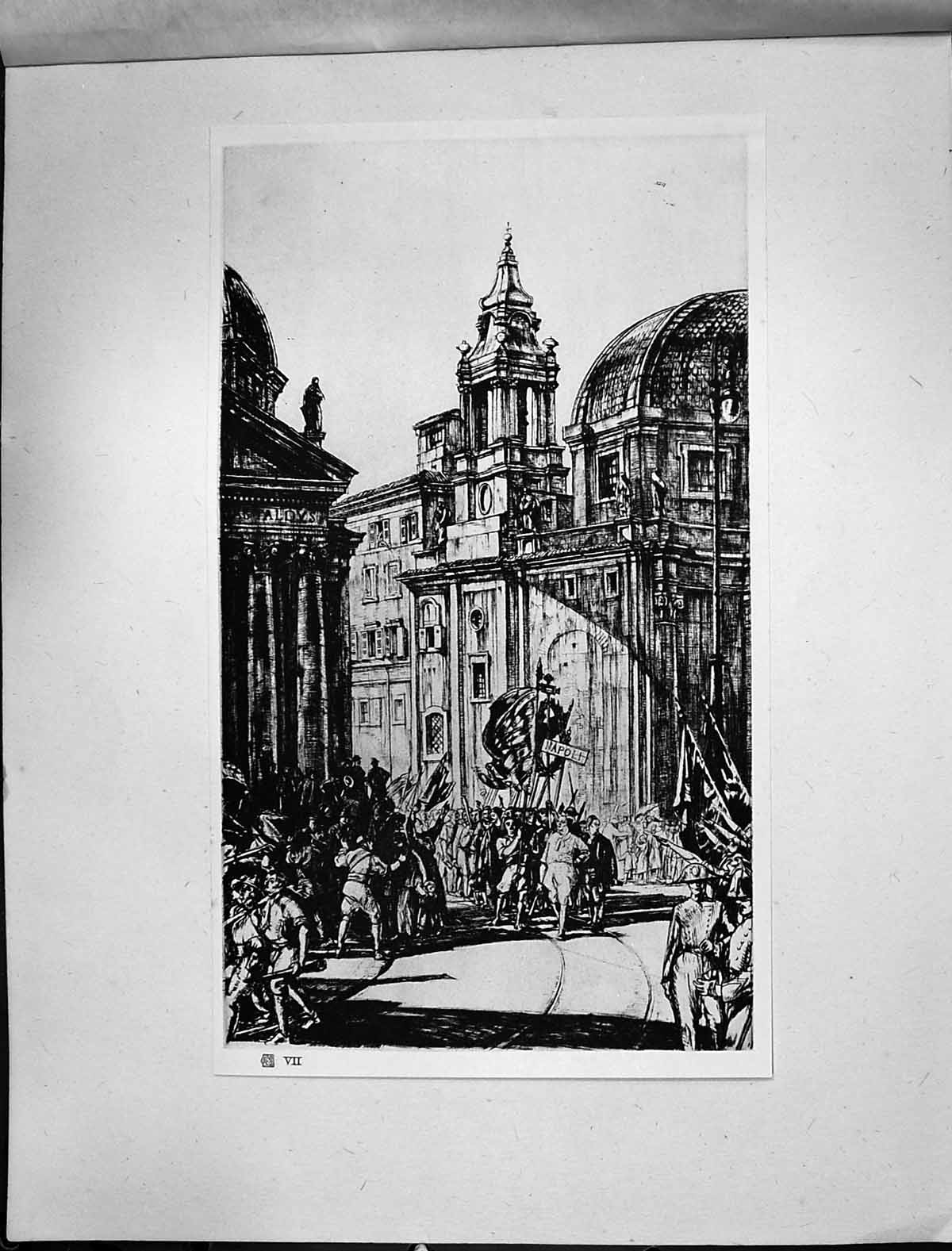 Old 1928 Etching Rushbury Fascisti Street Procession Architecture Bui 20th