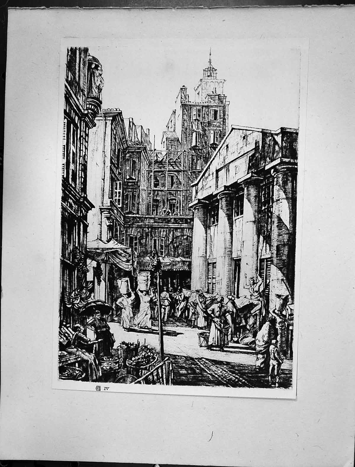 Old 1928 Etching Rushbury Fish Market Marseilles France Buildings Arc 20th