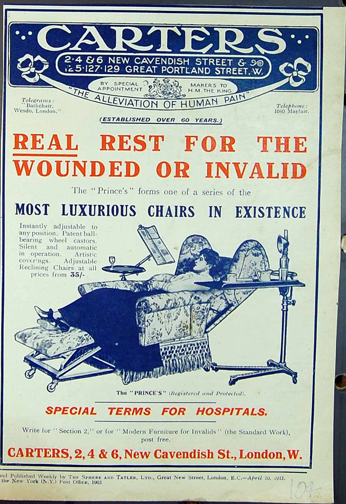 Original Old Antique Print Carters Luxurious Invalid Chair Advertisement
