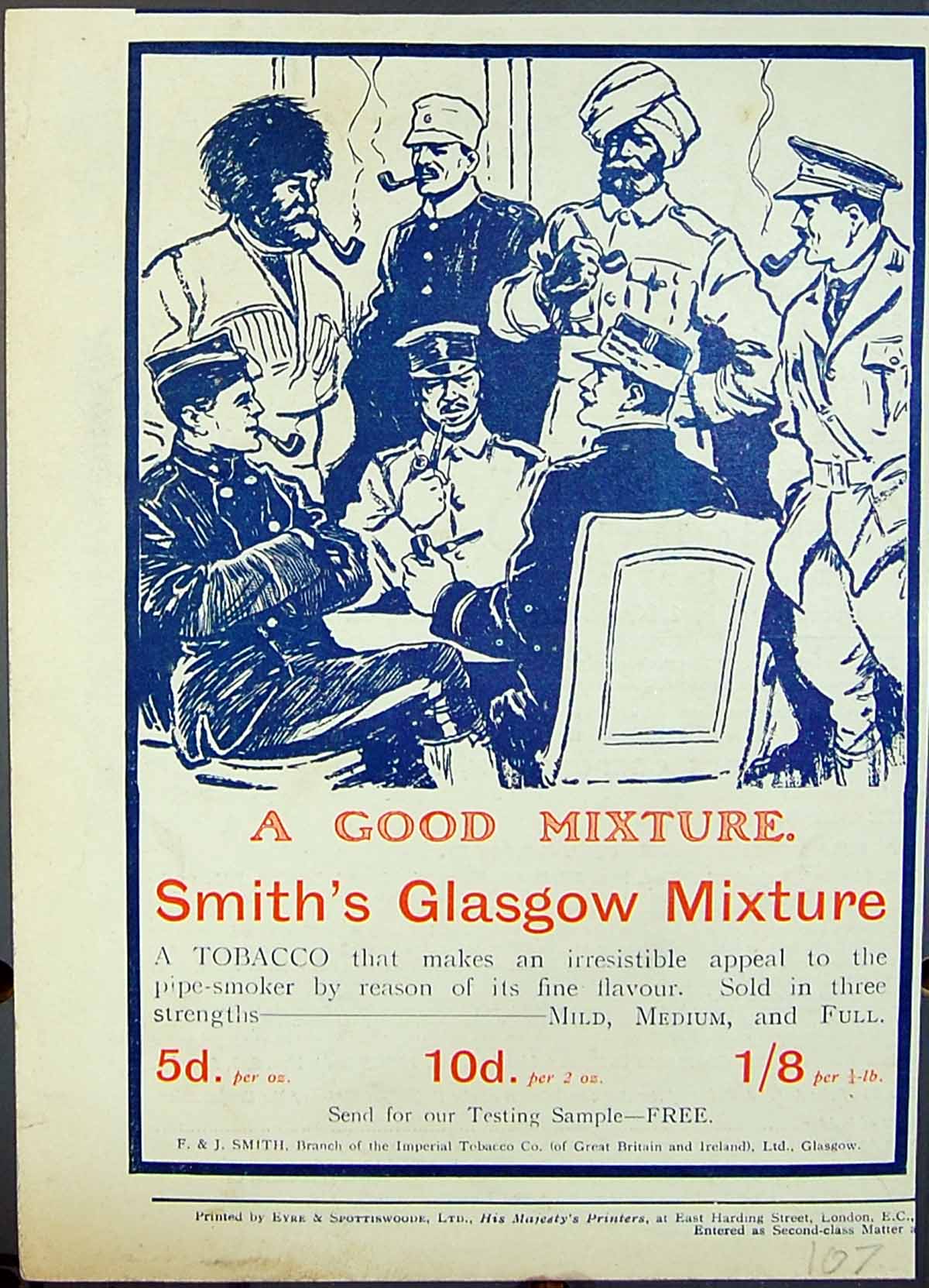 Original Old Antique Print Advertisement Smith'S Glasgow Mixture Tobacco