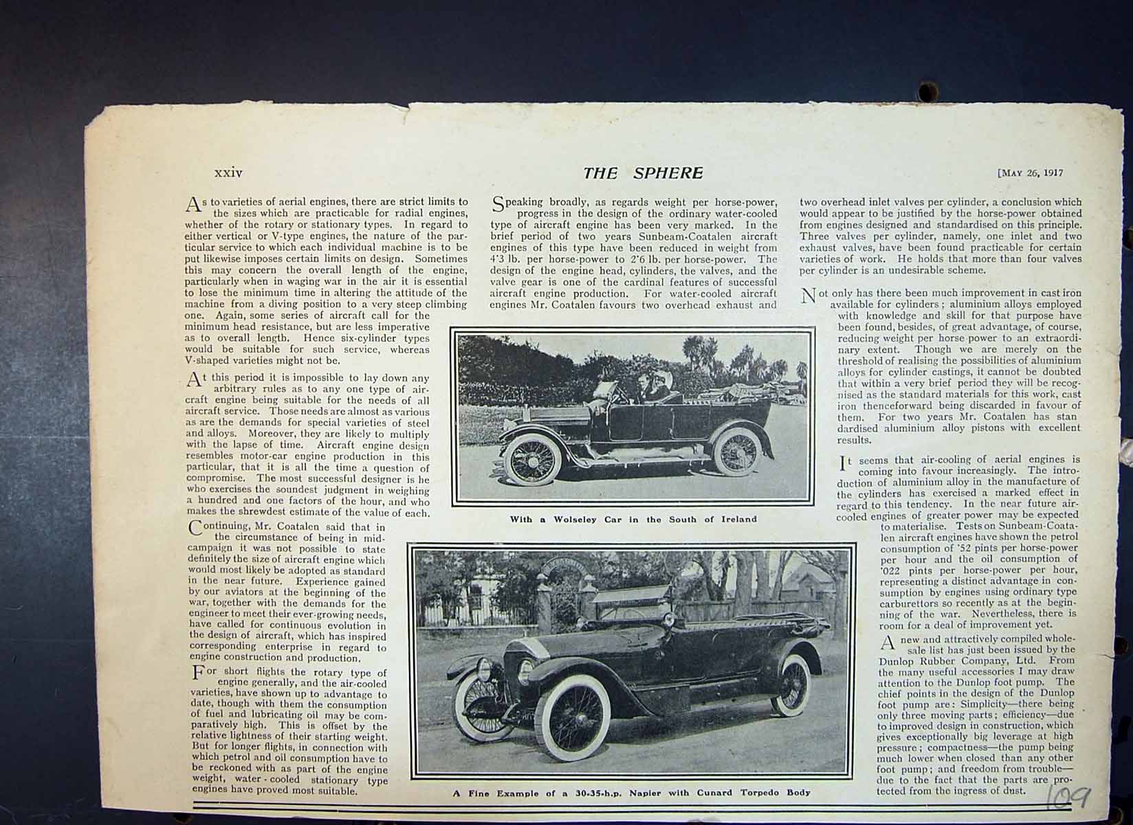 Old Antique Print Wolseley Motor Car Ireland Napier Cunard Torpedo Body