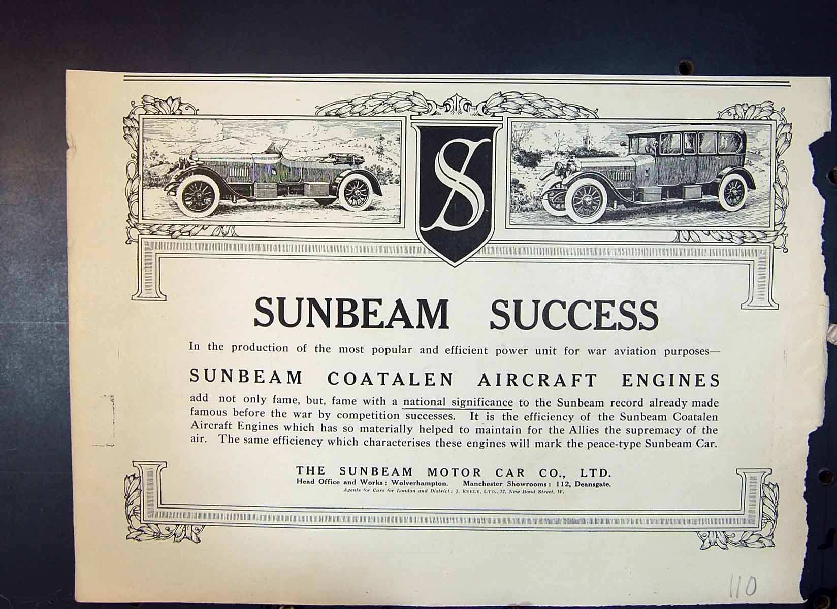 Antique Old Print Advertisement Sunbeam Motor Car Wolverhampton Manchester