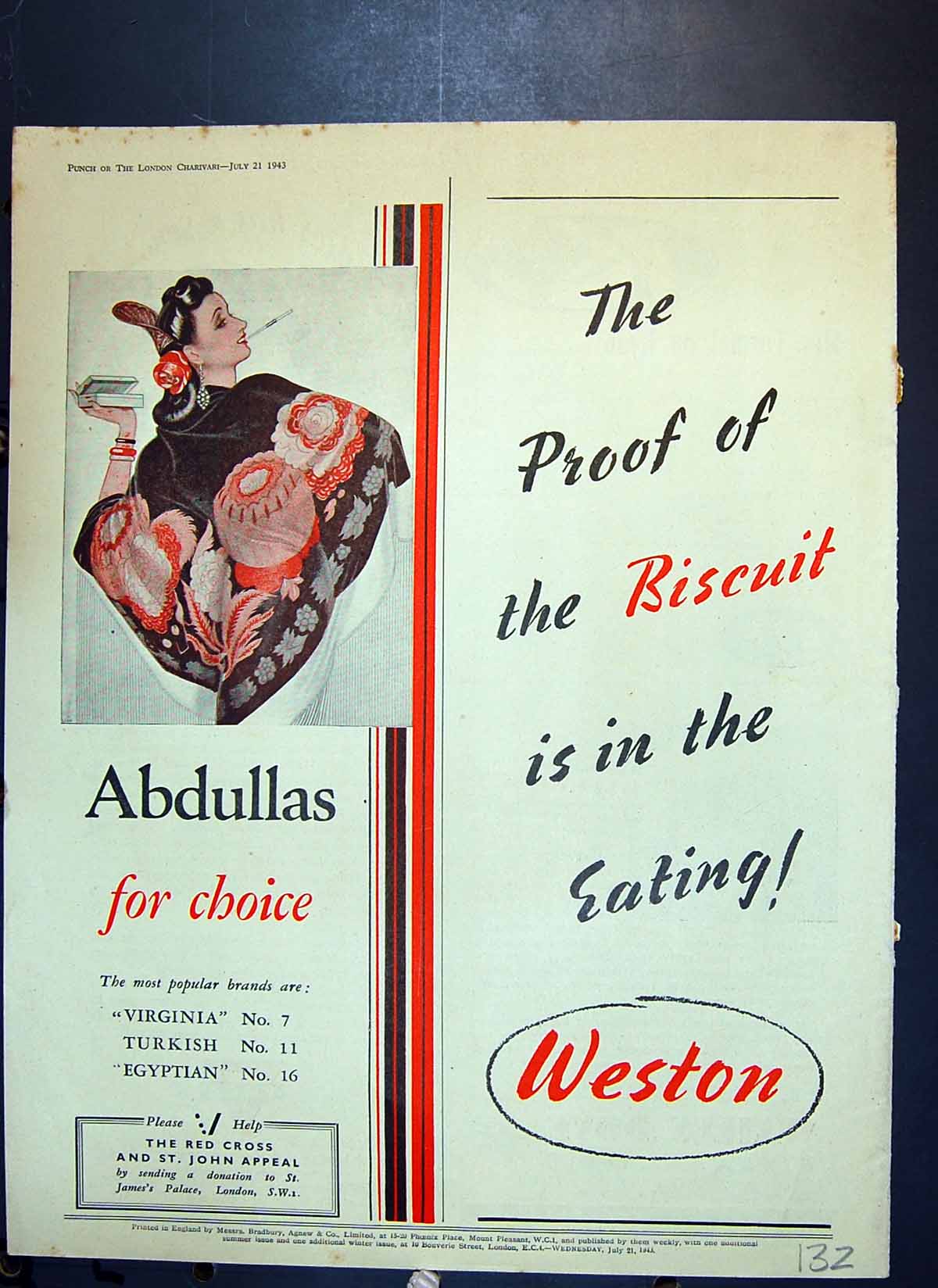 Old Print Abdullas Red Cross Weston B.I.P. Y.M.C.A. War Fund Wailes Dove