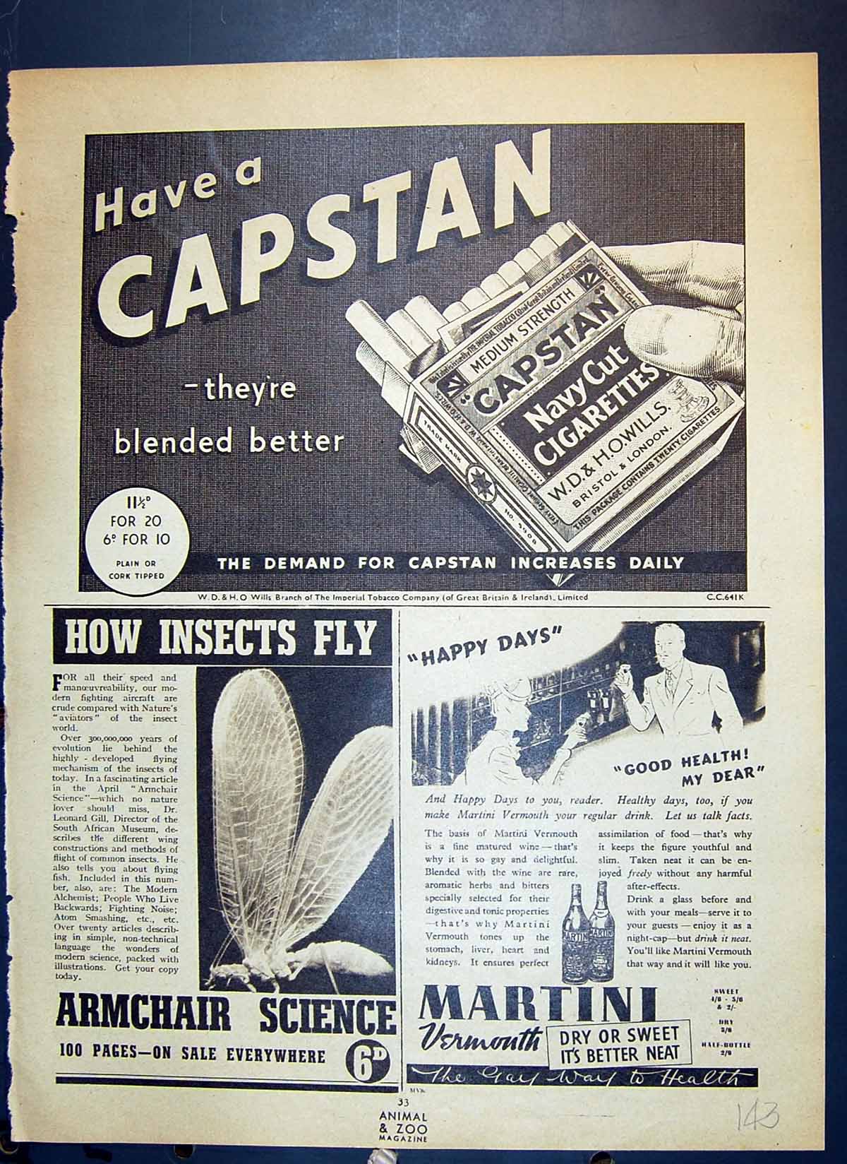 Antique Print Capstan Cigarettes Insects Armchair Martini Vermonth Rabbit