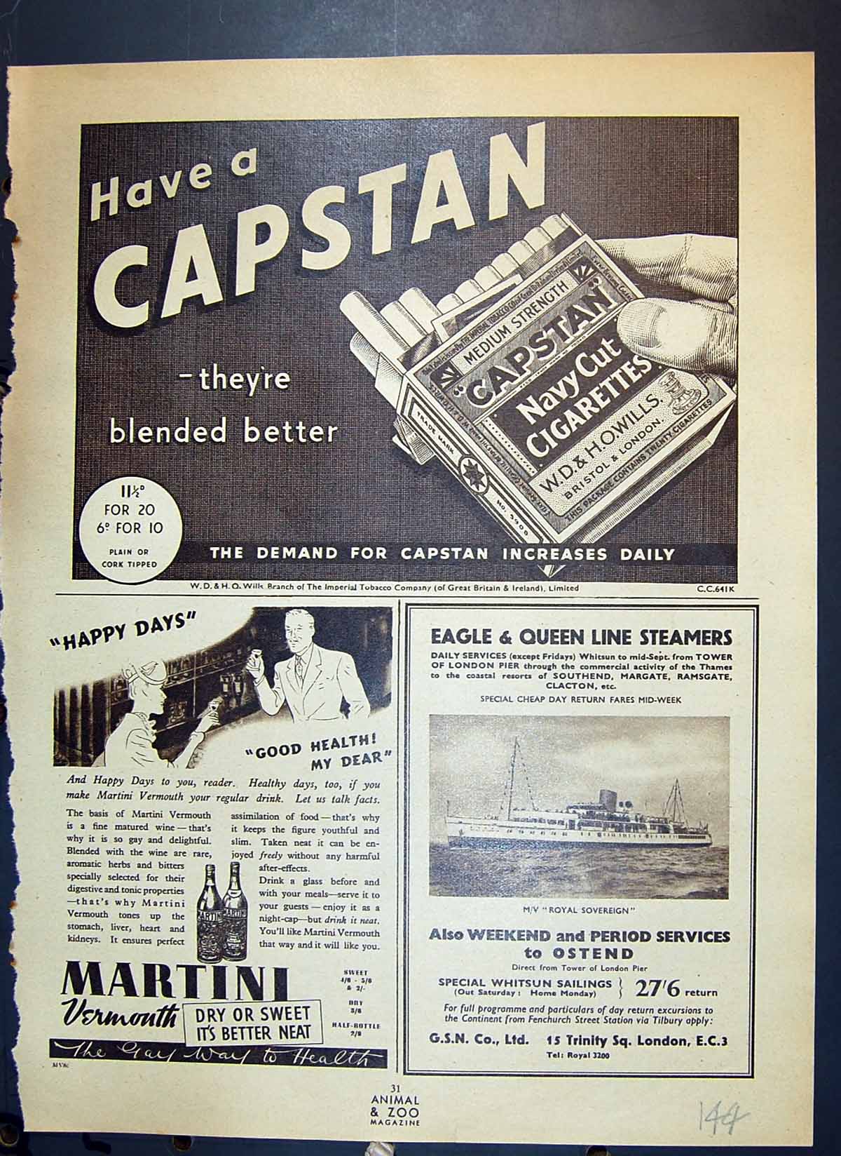 Old Print Capstan Cigarettes Martini Vermonth Eagle Queen Steamers Pitt