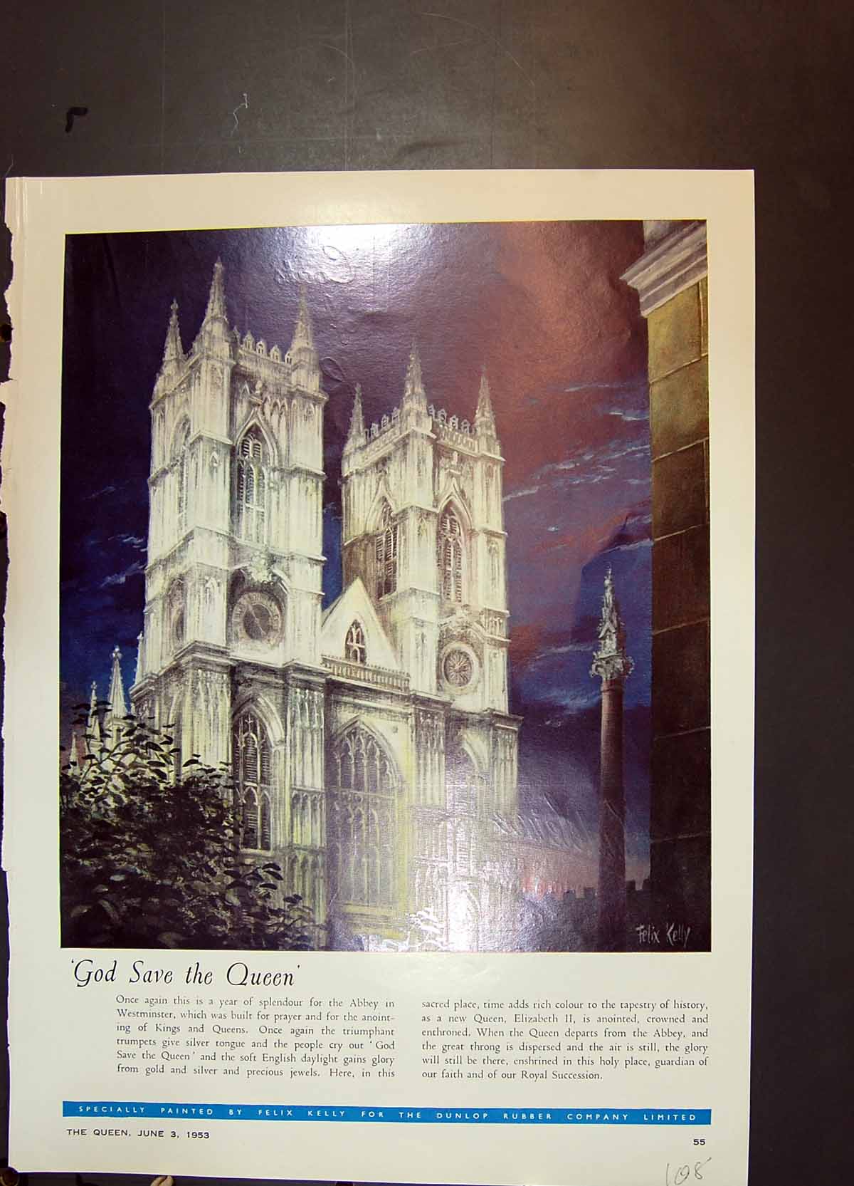 Antique Old Print Westminster Abbey Dunlop Rubber Co Lindsay Maid Coats 1953