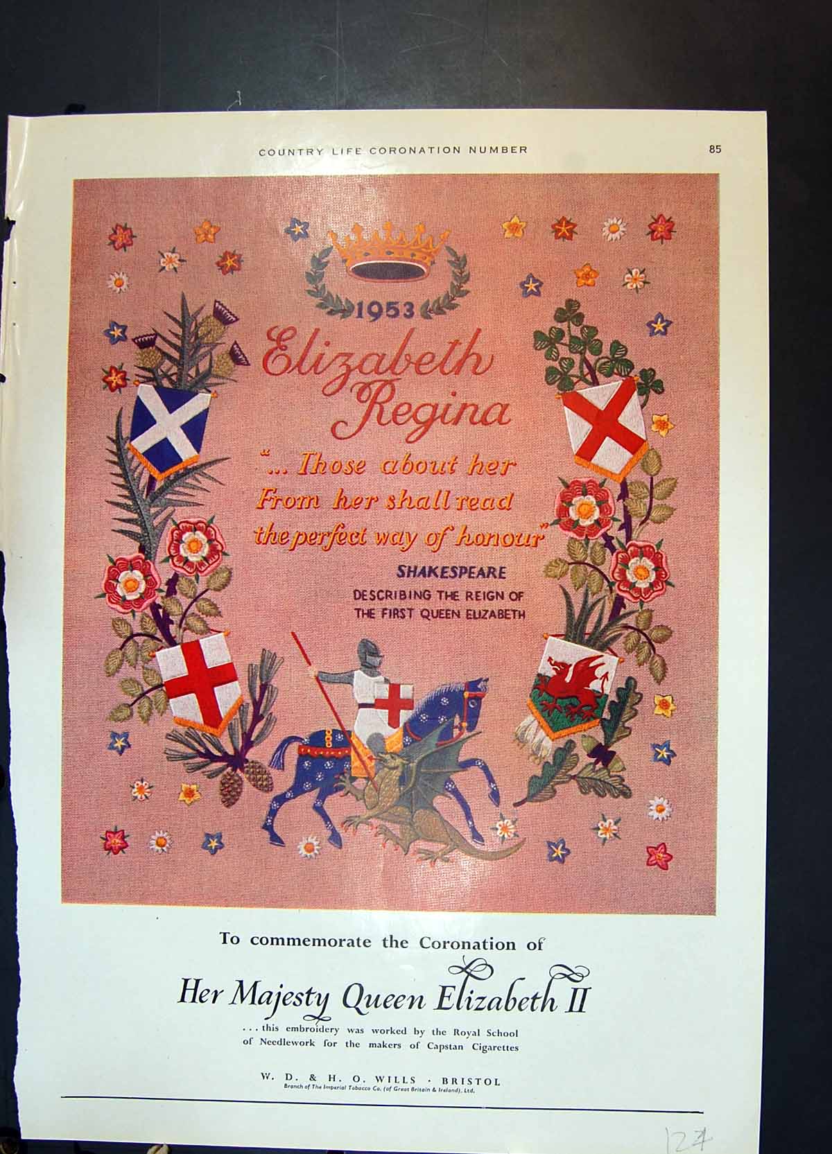 Old Print Embroidery Coronation Capstan Cigarettes Ovaltine Beverage 1953 20th