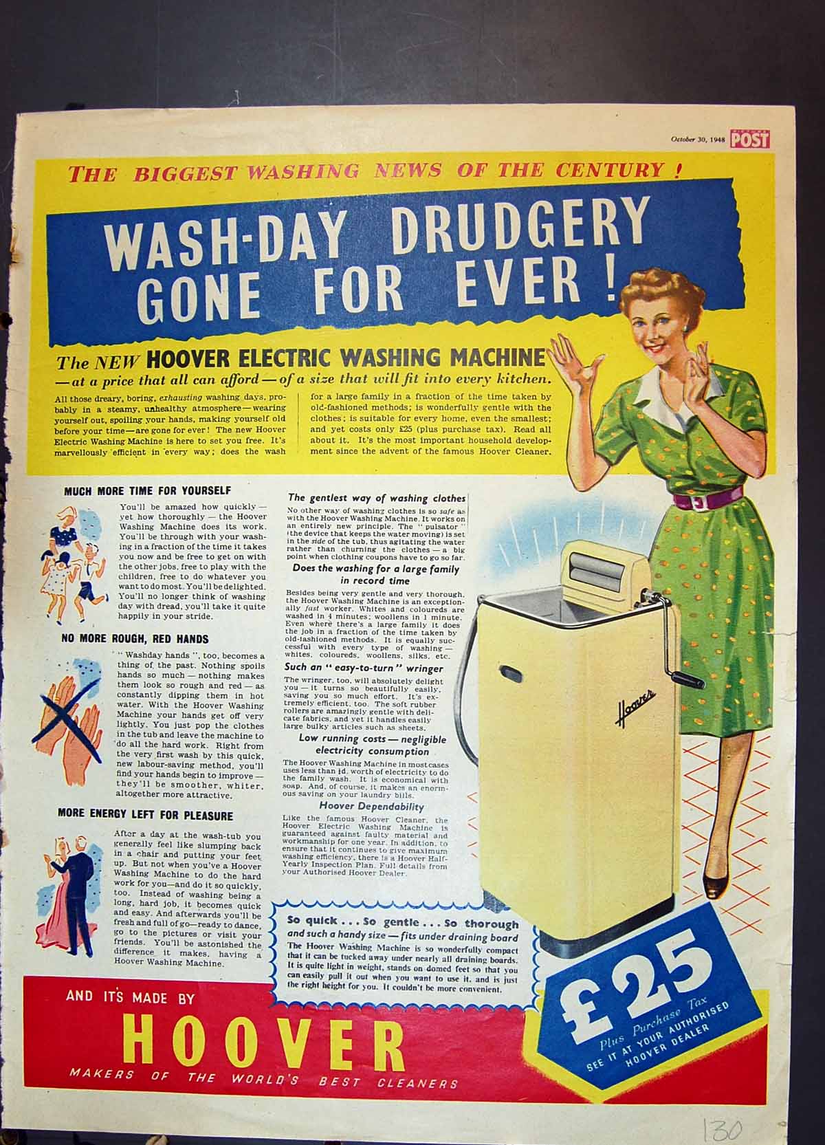 Old Print Hoover Electric Washing Machine Dents Gloves Lifebuoy Soap 1948 20th