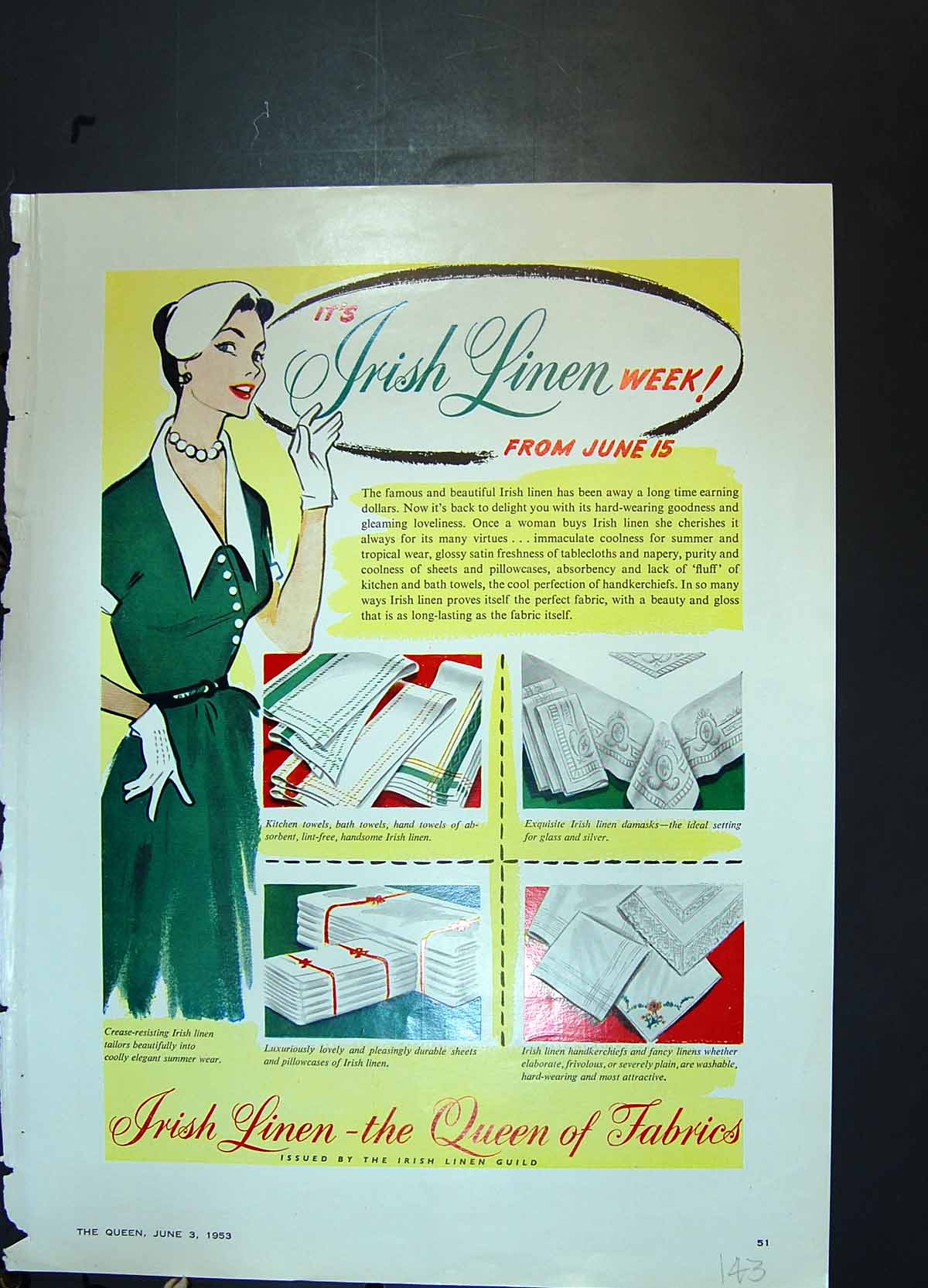 Old Print Irish Linen George Gray Tweeds Woolens Knit Opalsheen Wool 1953 20th