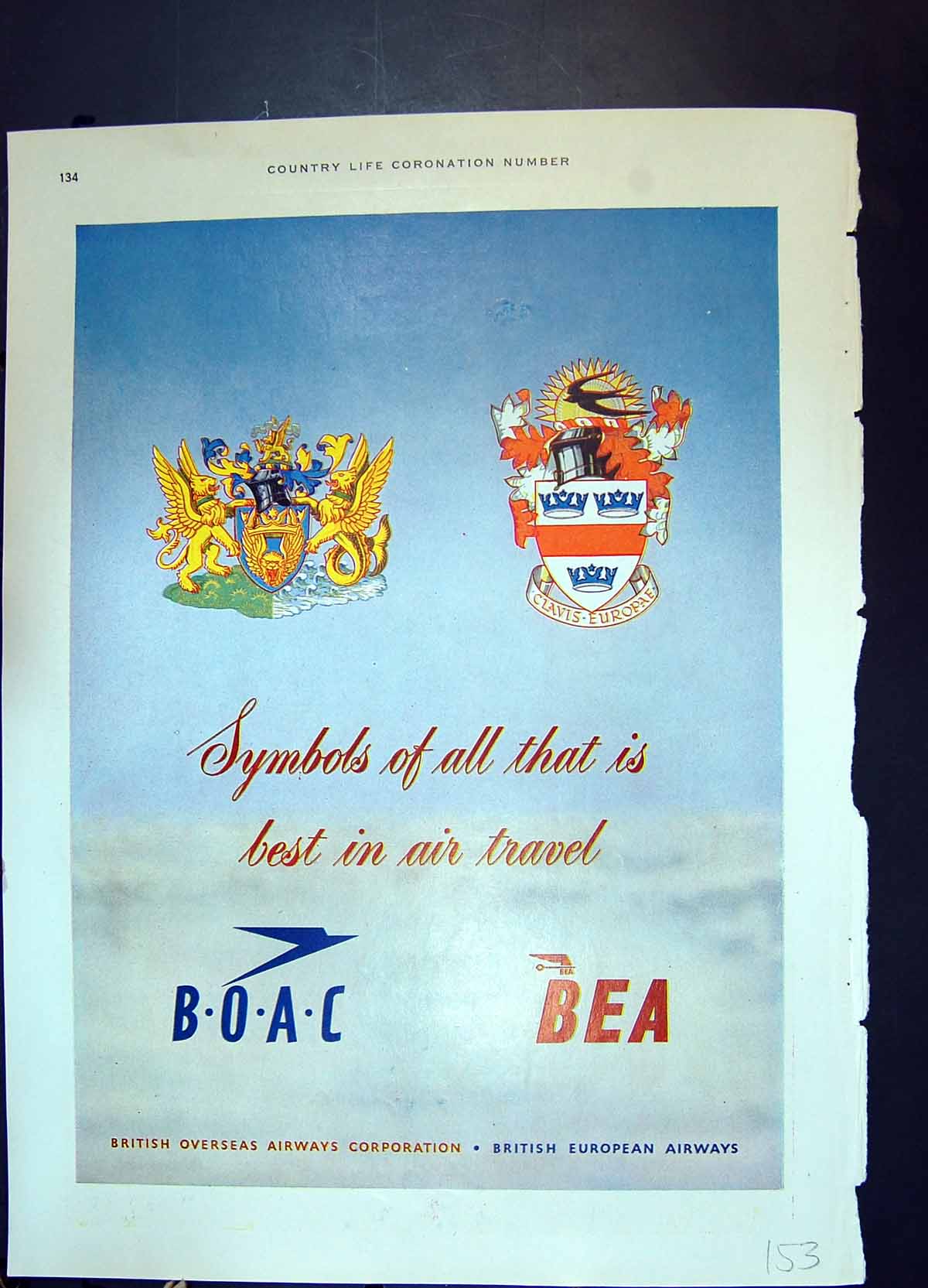 Old Vintage Print Air Travel B O A C B E A Energol Oiliest Oil Car 1953 20th