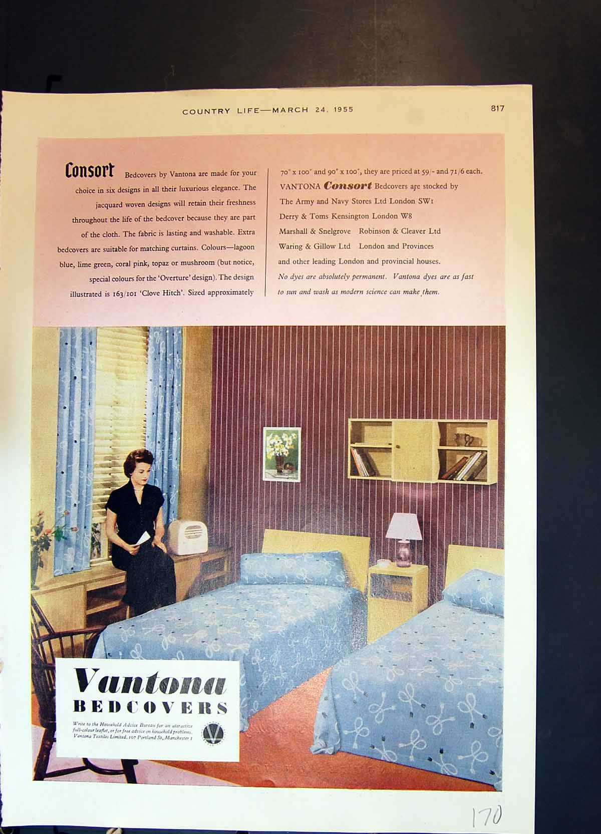 Original Old Vintage Print Vantona Consort Bedcovers Nescafe Pure Coffee 1955