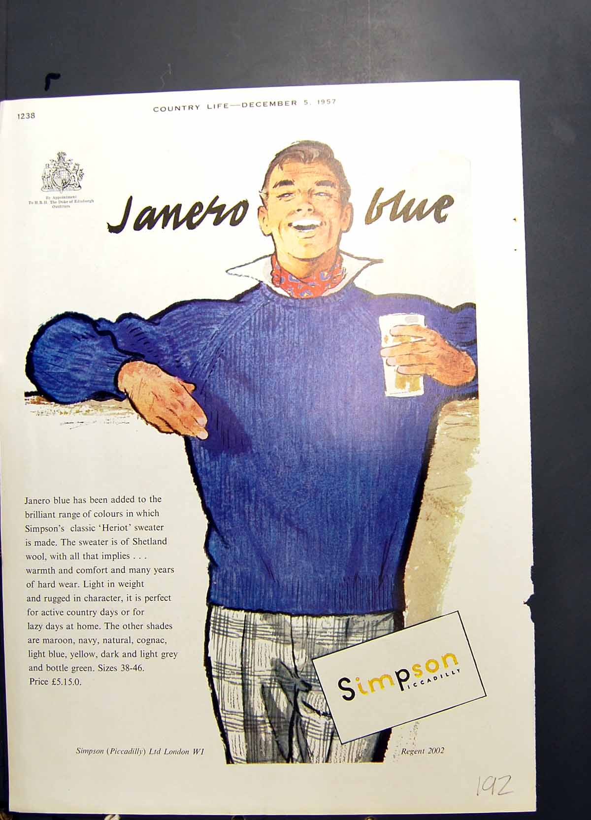 Antique Print Simpson Piccadilly Heriot Sweater Moet Chandon Champagne 1957
