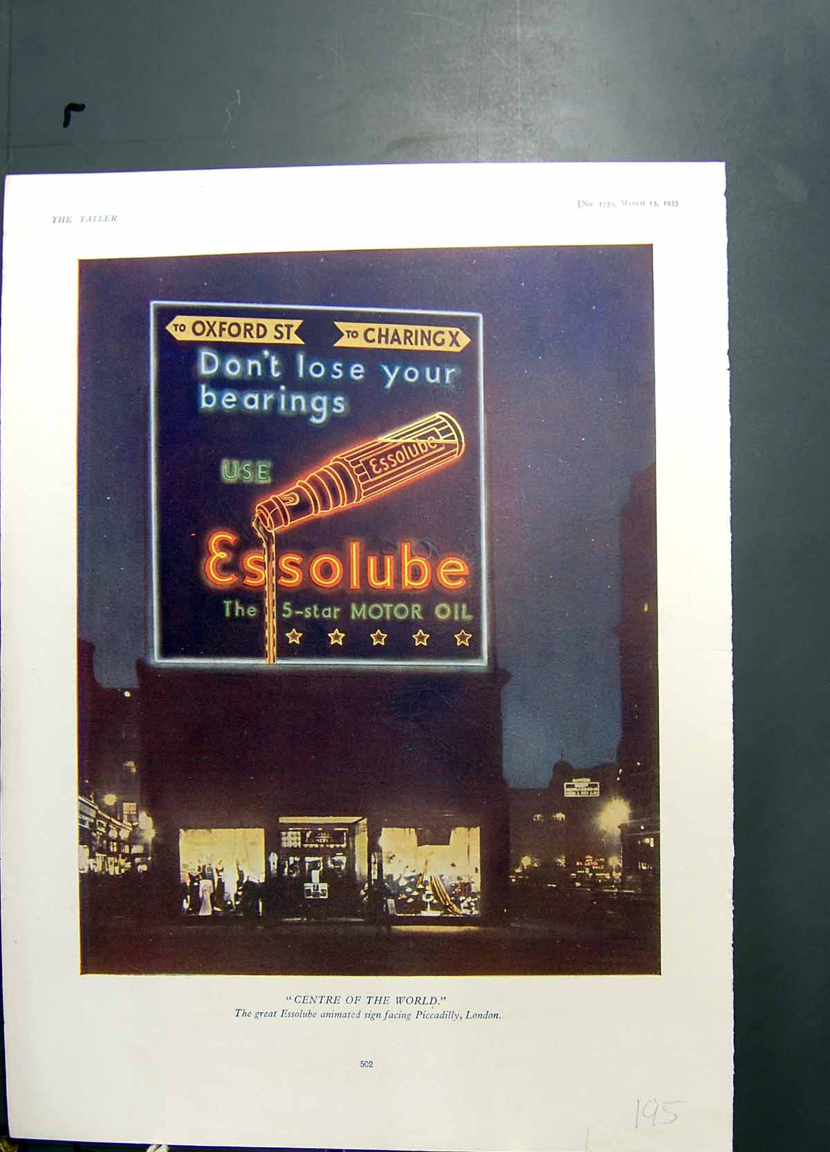 Old Vintage Print Essolube Motor Oil Animated Sign Piccadilly London 1935 20th