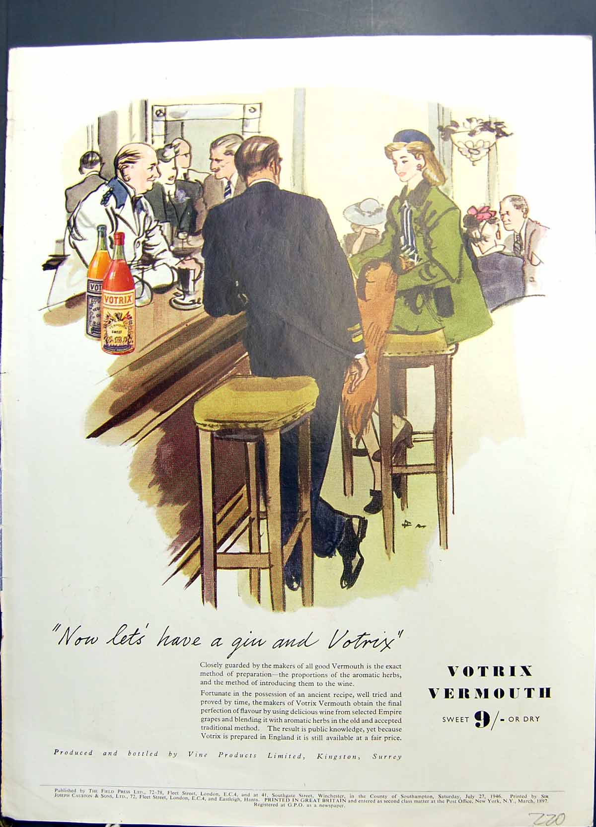 Old Vintage Print Votrix Vermouth Guinness Helps Make Life Brighter 1946 20th