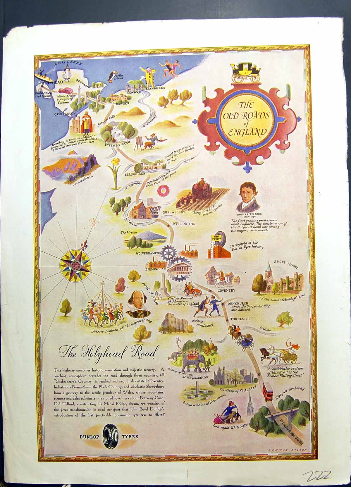 Old Vintage Print Dunlop Tyres Roads England Field Houses Edge River 1946 20th
