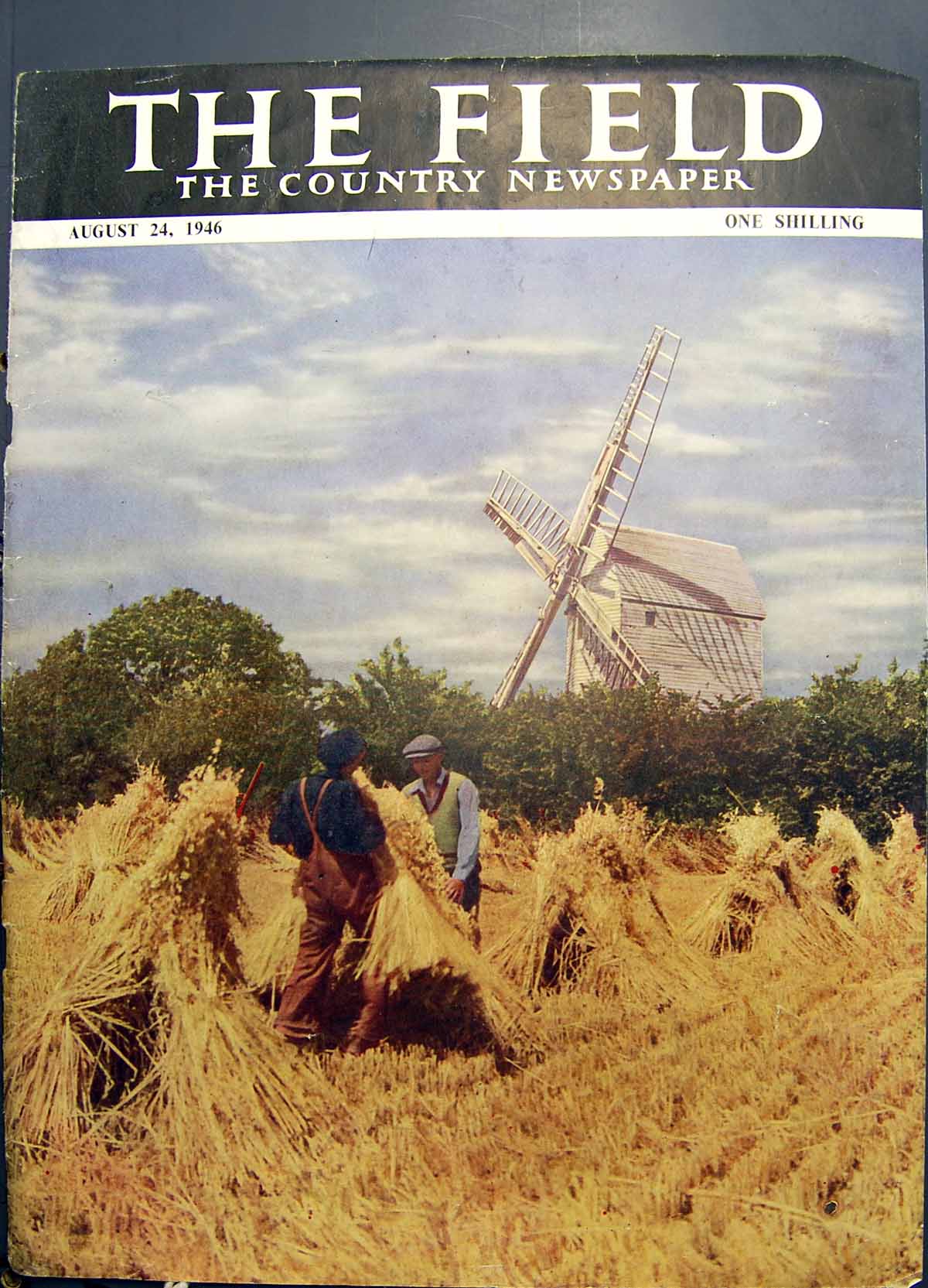 Antique Print Field Men Sheaves Corn Windmill Huntley Palmers Biscuits 1946