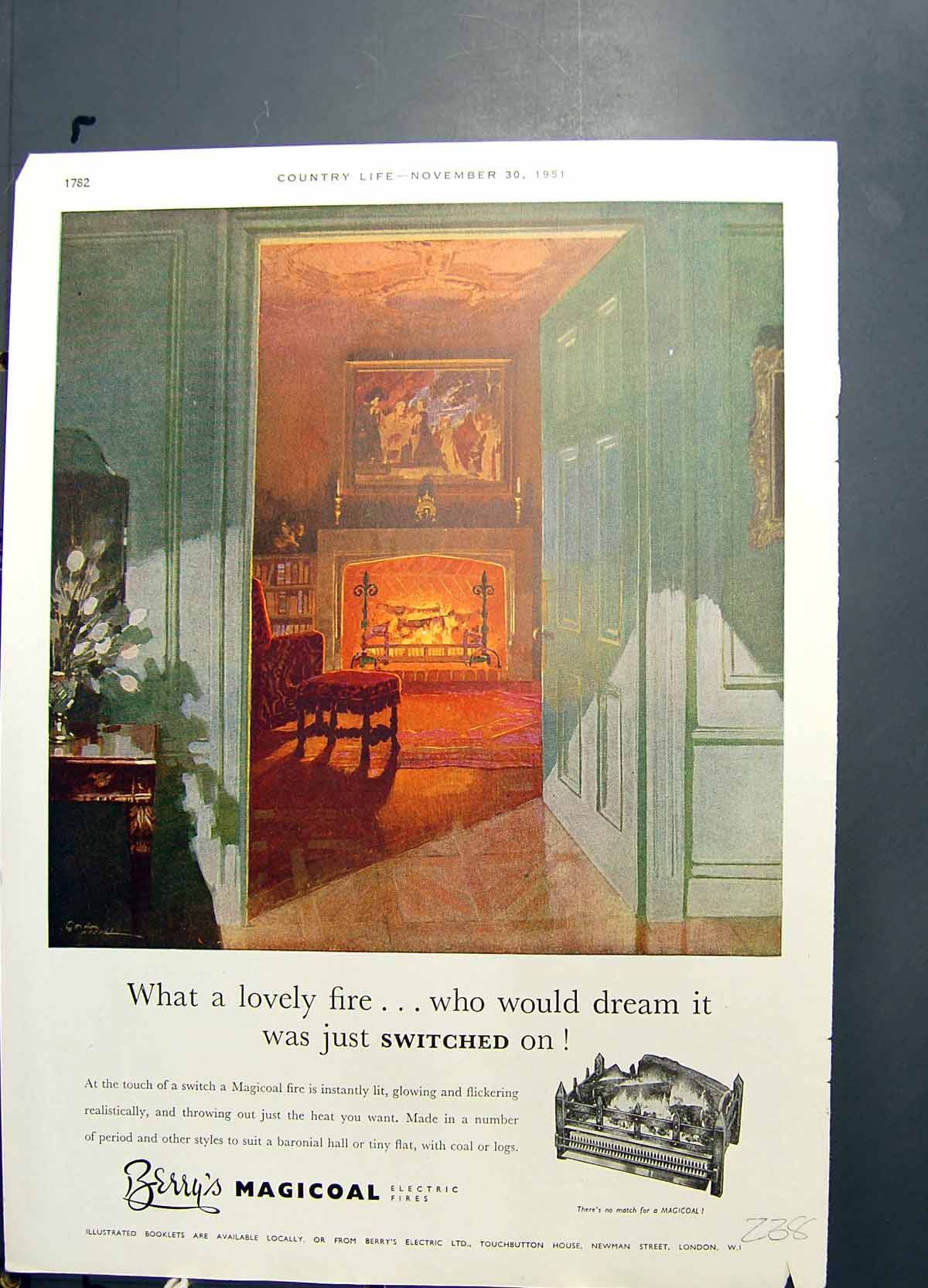 Original Old Vintage Print Berrys Magicoal Electric Fires Istantly Lit 1951