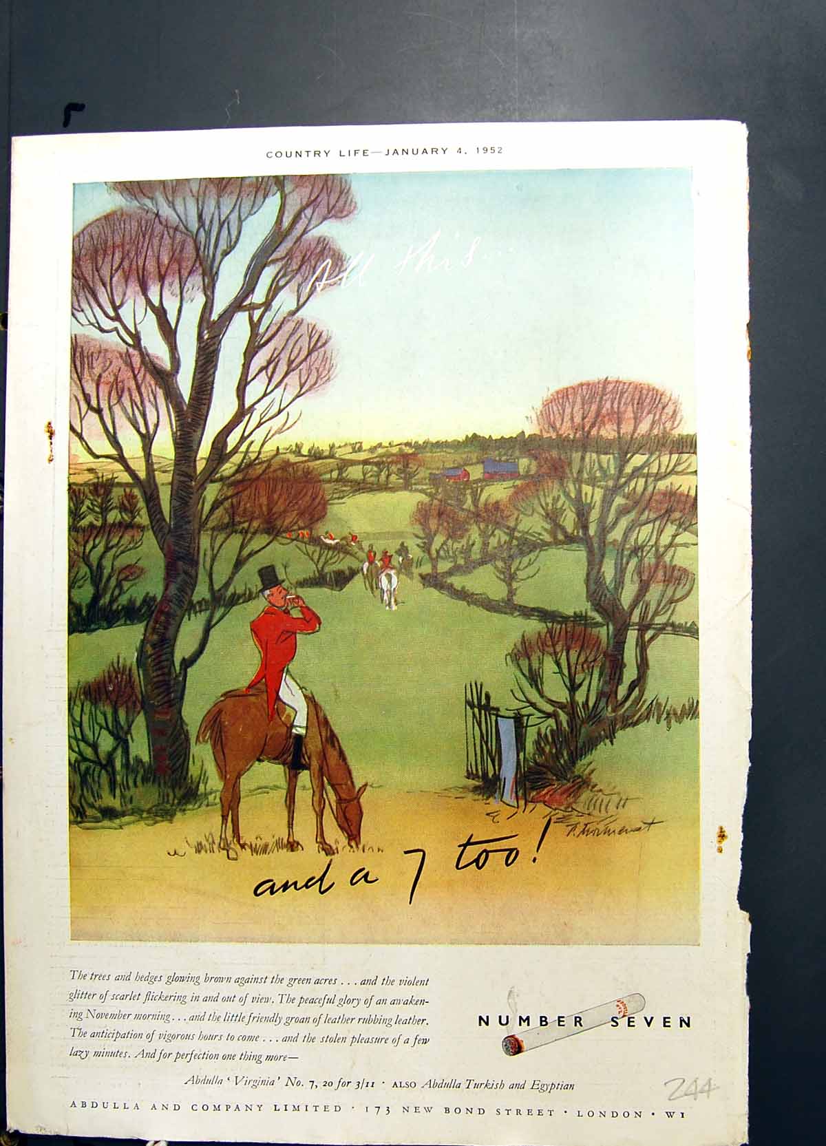 Original Old Vintage Print Abdulla Virginia Number Seven Cigarettes 1952 20th