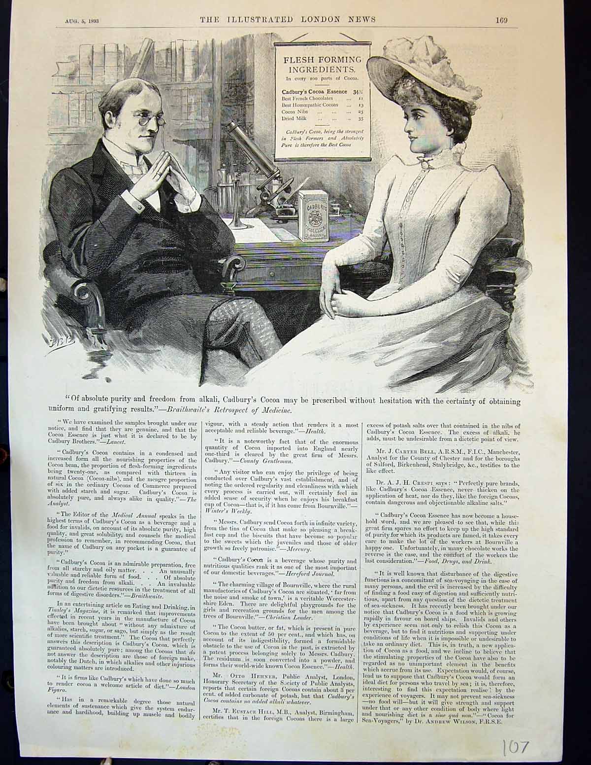 Original Old Antique Print 1893 Advertisement Cadbury'S Cocoa Essence Man Lady