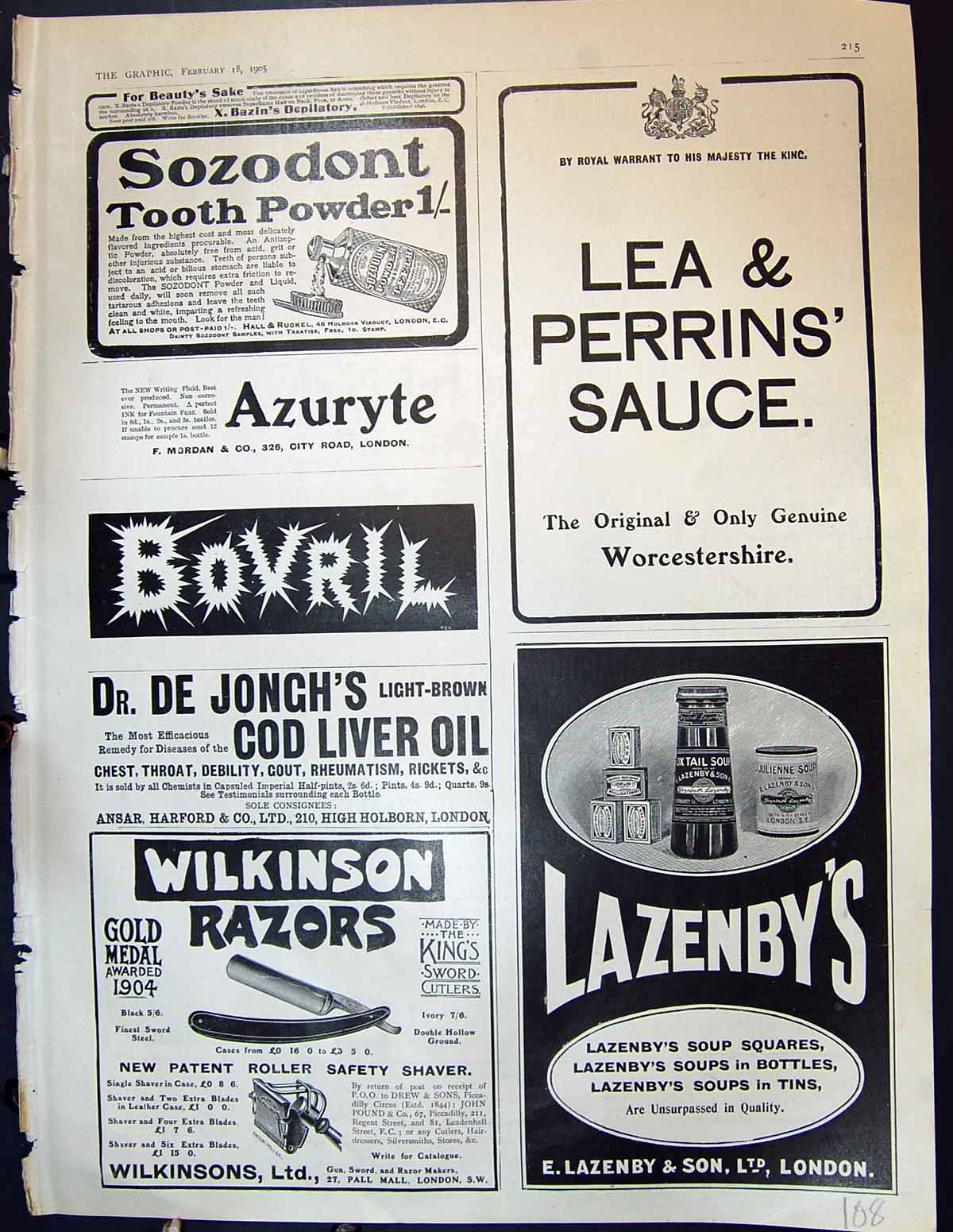 Old Print Sozodont Tooth 1905 Bovril Lea Perrins Lazenby Wilkinson Razors 20th