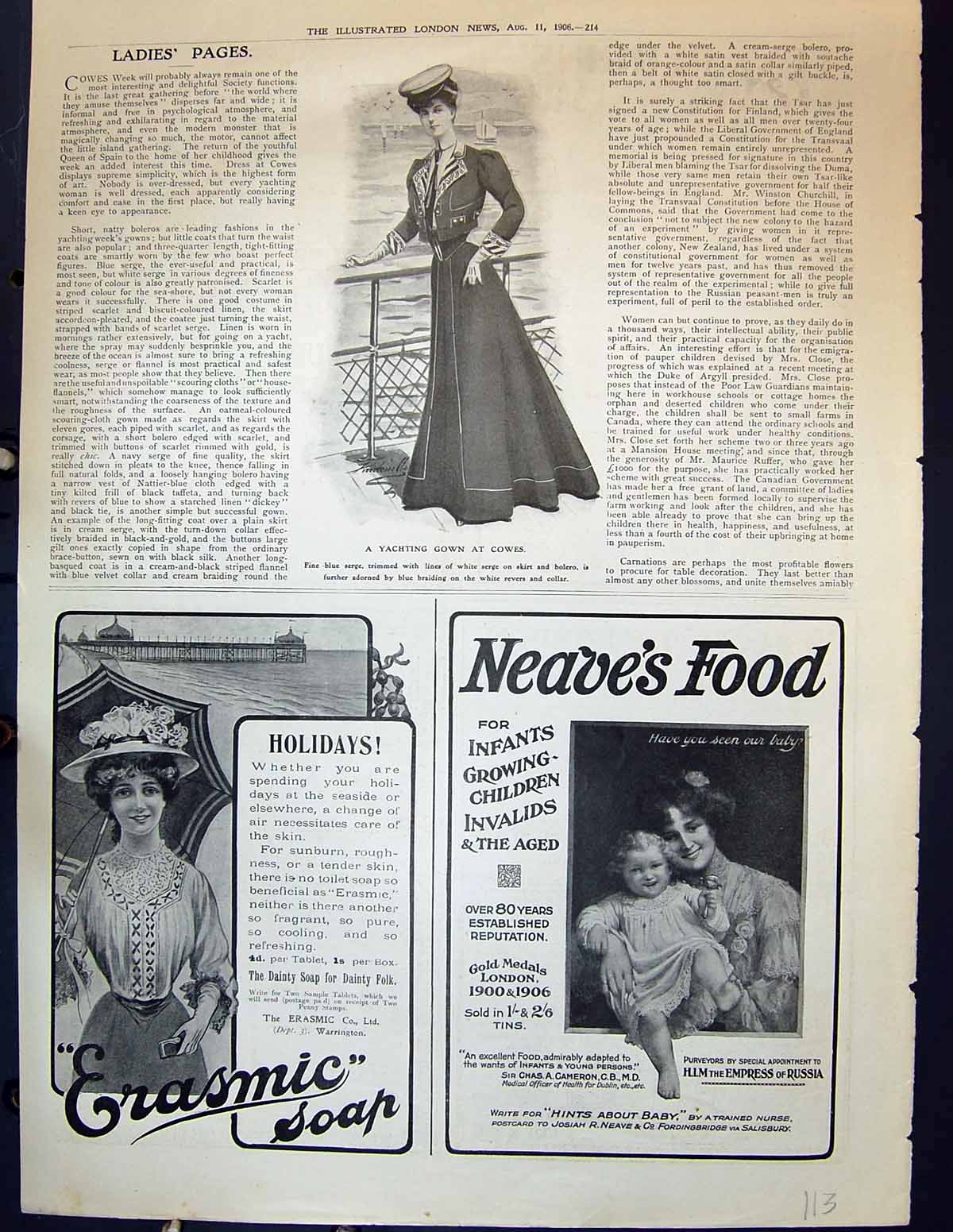 Old Antique Print 1906 Yachting Gown Cowes Erasmic Soap Neave'S Baby Food 20th