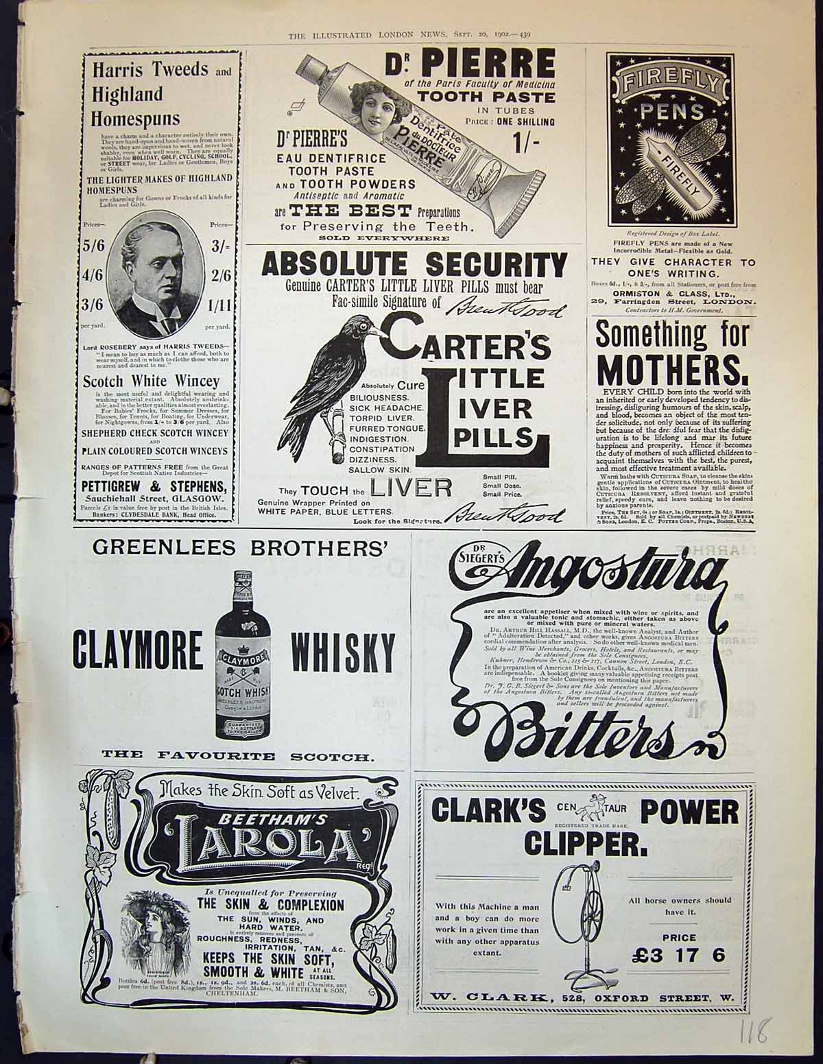 Old 1902 Pierre Toothpaste Carter'S Liver Pills Claymore Whisky Clark 20th