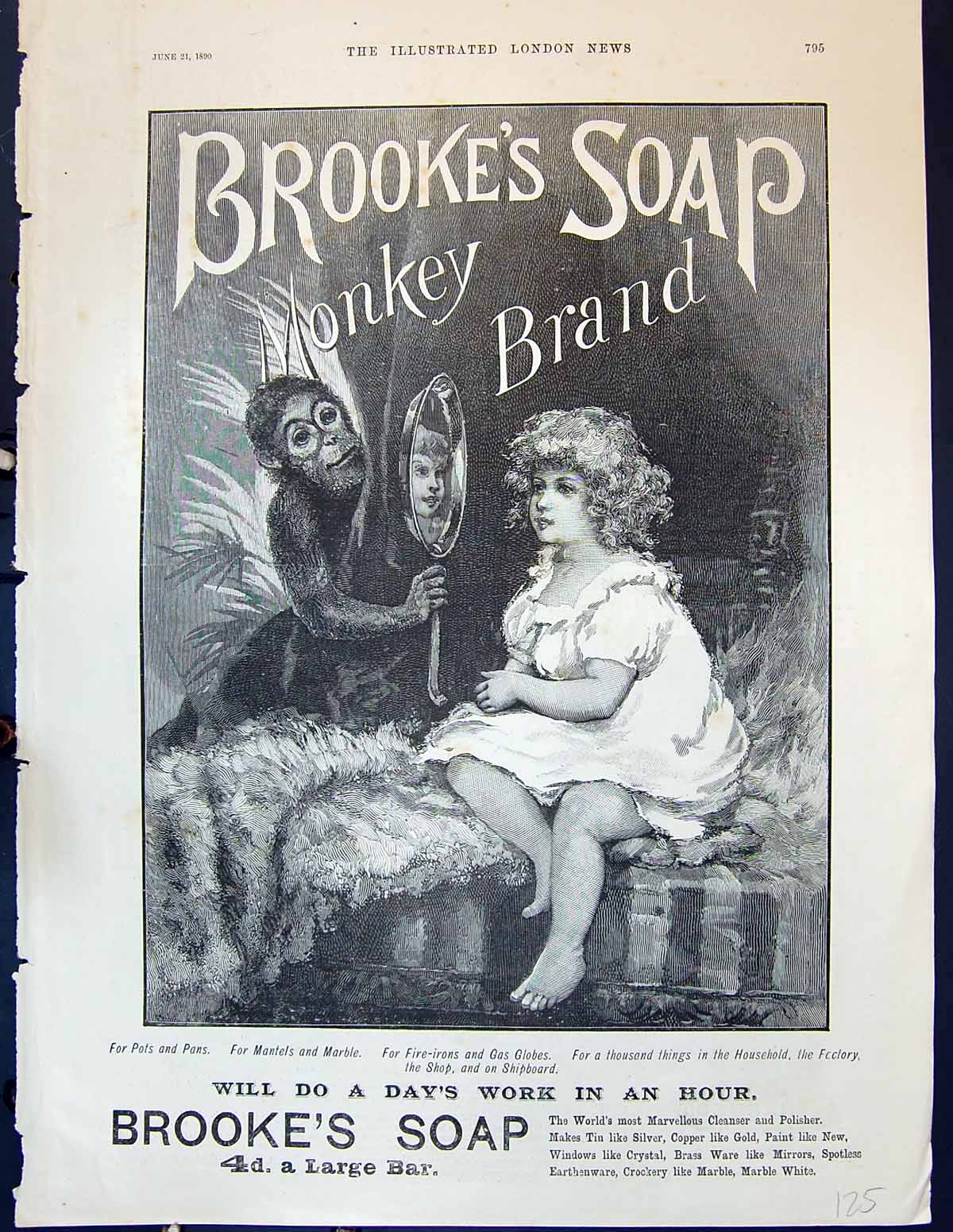 Old Print 1890 Advertisement Brooke'S Monkey Brand Soap Young Girl Mirror 19th