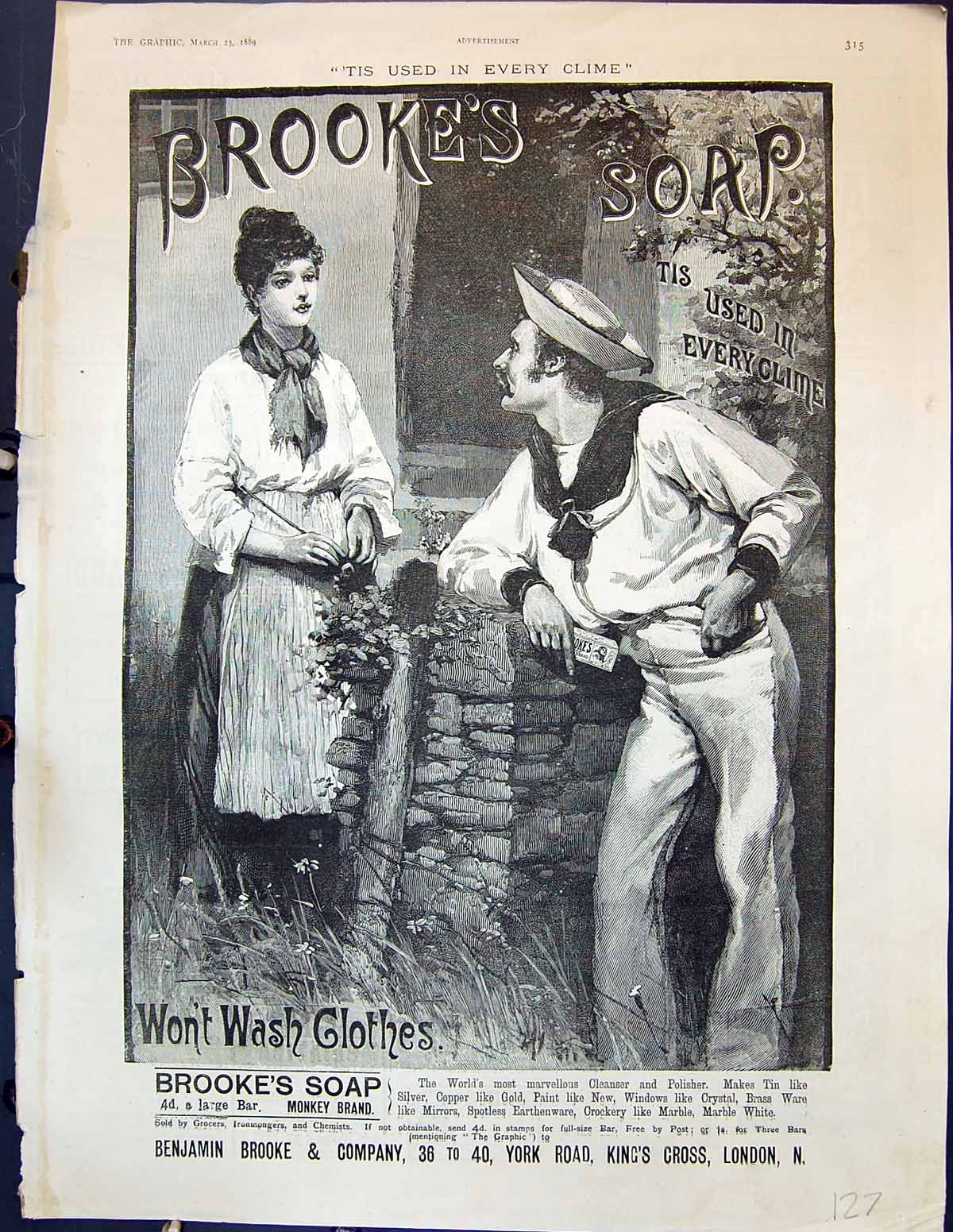 Old Print 1889 Advertisement Brooke'S Monkey Brand Soap Benjamin Romance 19th