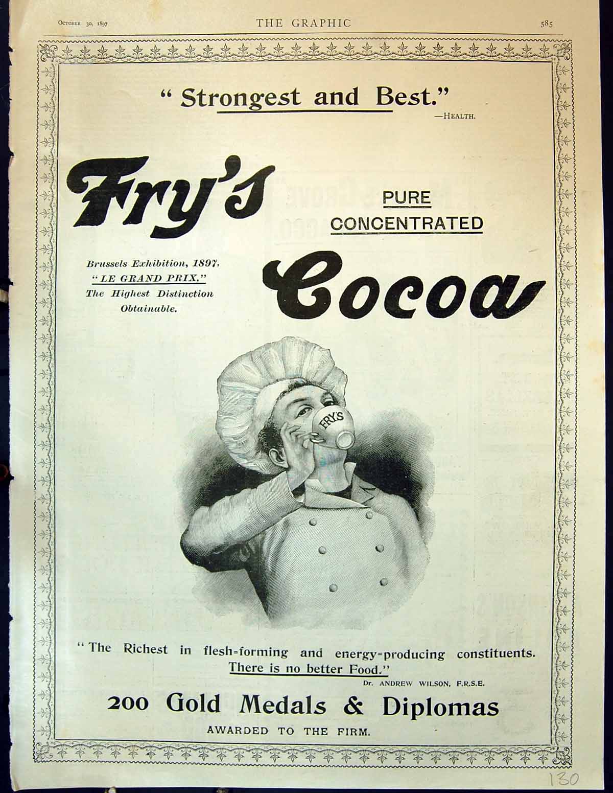 Antique Old Print 1897 Advertisement Fry'S Pure Concentrated Cocoa Chef Cup