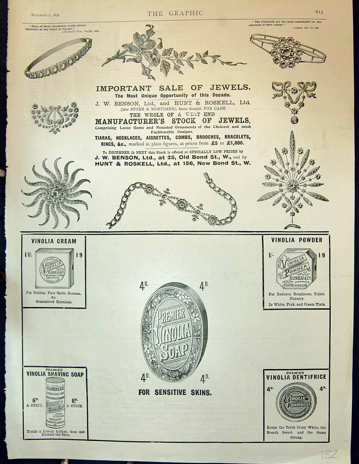 Old Antique Print Advertisement Benson Jewellery Vinolia Powder Soap 1898 19th