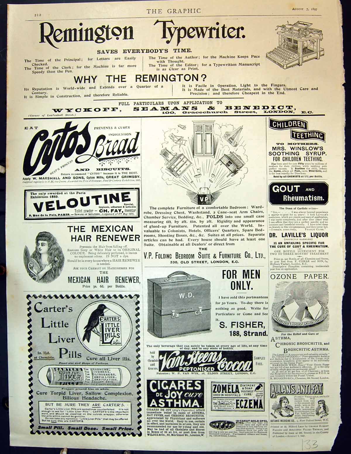 Antique Print Winslow Syrup 1897 Remington Typewriter Fisher Carters Pills 19th