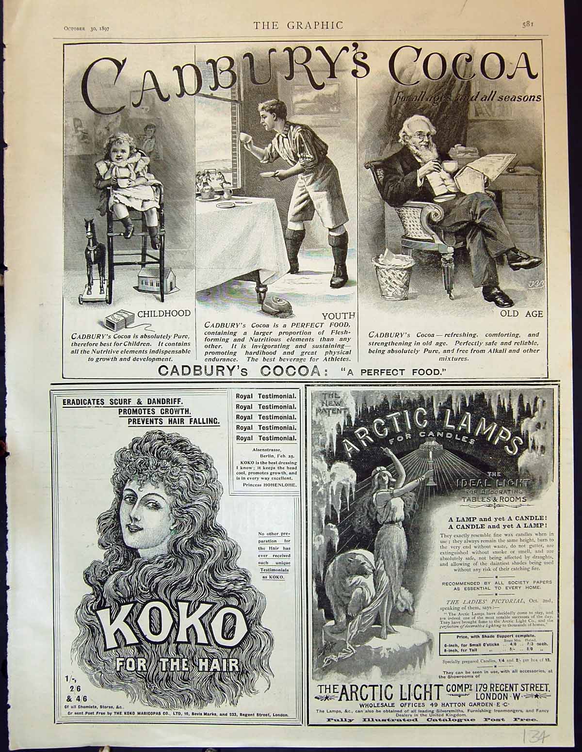 Antique Old Print 1897 Advertisement Cadbury'S Cocoa Koko Hair Arctic Lamps