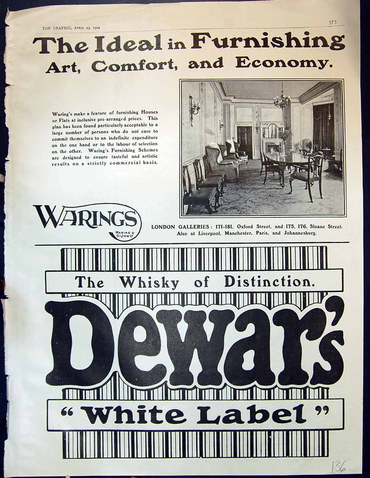 Old Print 1904 Dewars Whisky White Label Warings Furniture Advertisement 20th