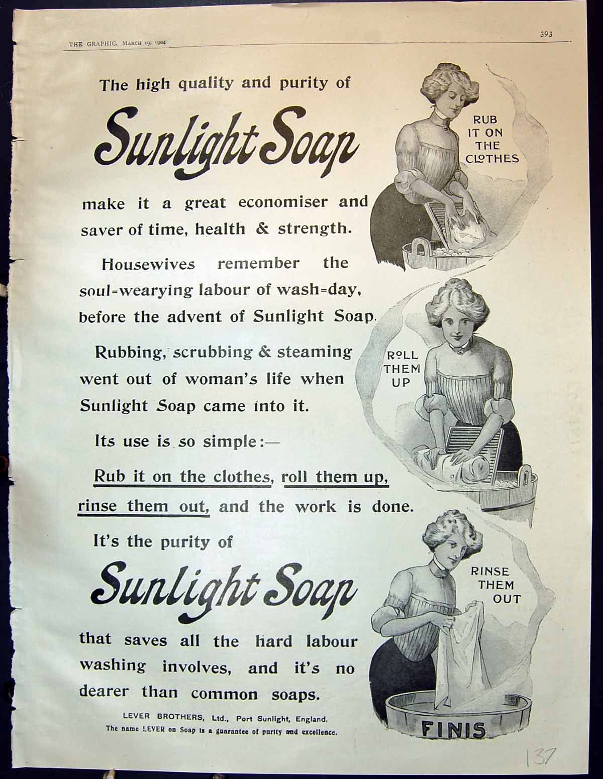 Old Print 1904 Advertisement Sunlight Soap Lever Brothers Washing Clothes 20th
