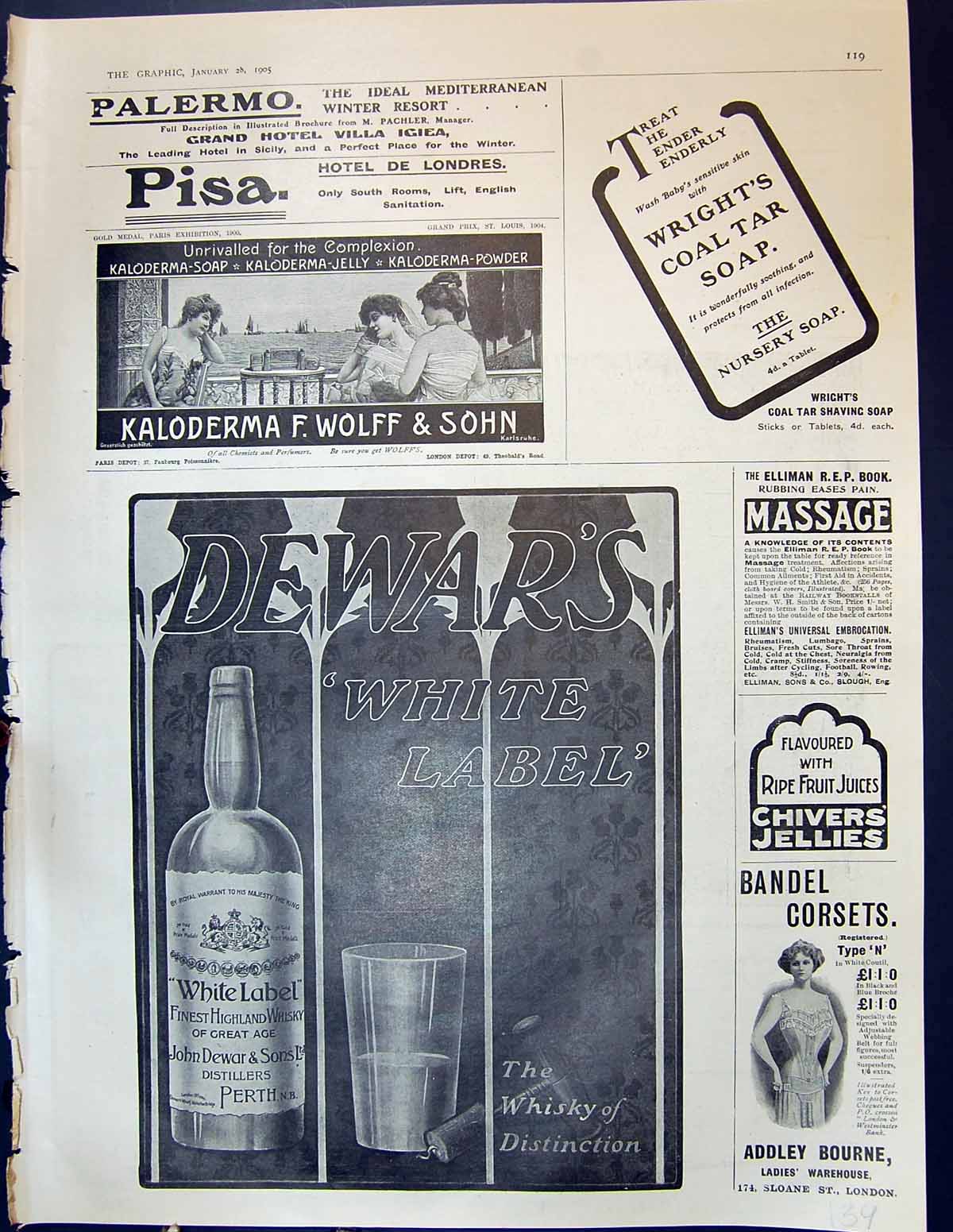 Antique Print 1905 Advertisement Palermo Pisa Dewars Whisky Bandel Corsets 20th