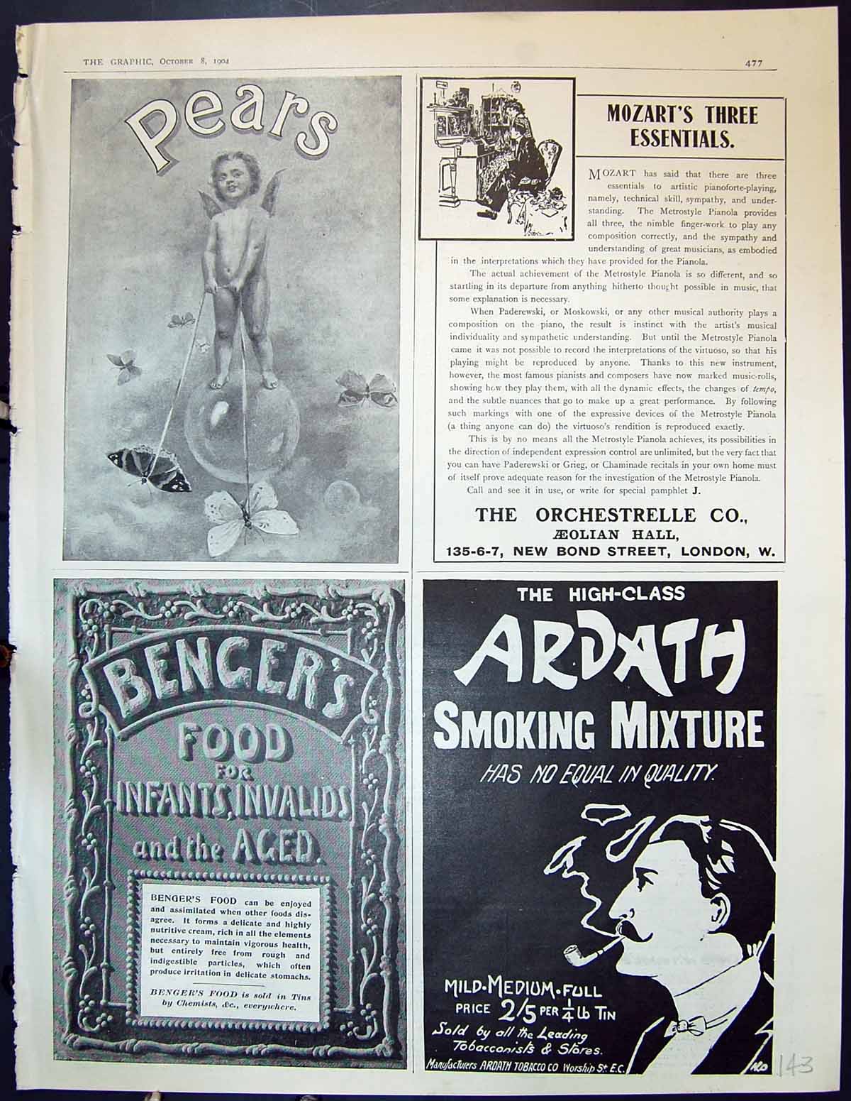 Old Print 1904 Advertisement Pears Soap Bengers Baby Food Ardath Tobacco 20th