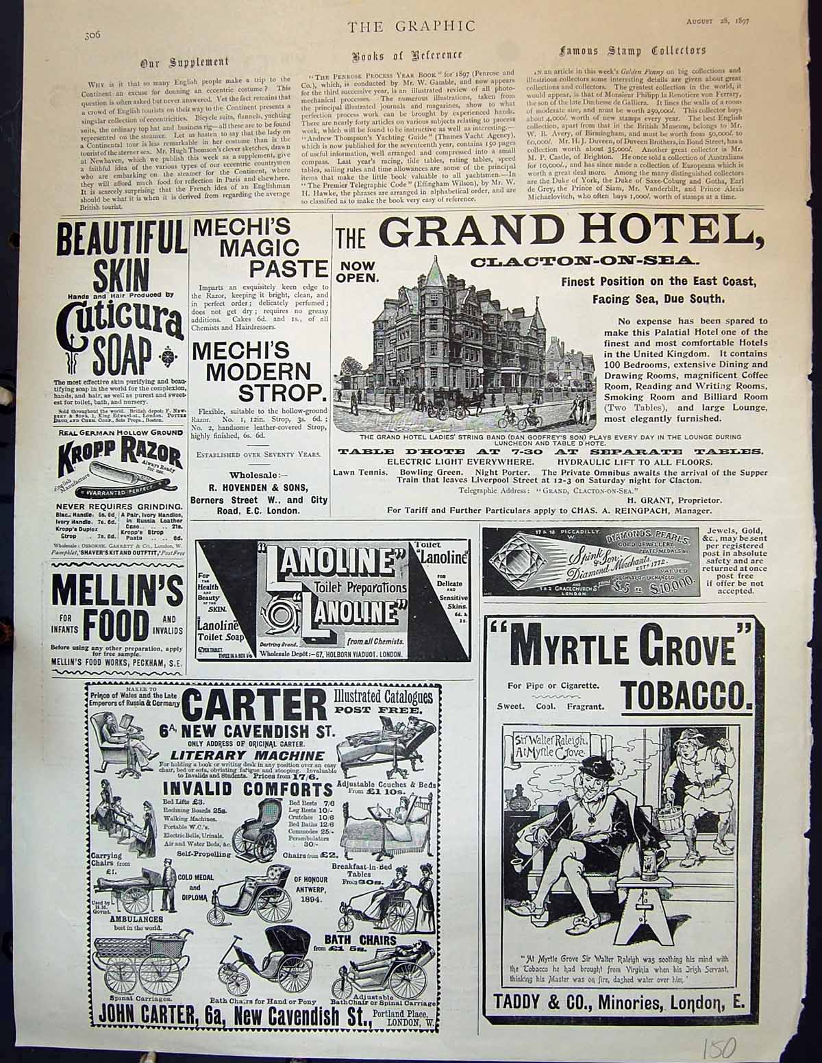 Antique Print 1897 Grand Hotel Clacton-On-Sea Myrtle Tobacco Carter Chairs 19th