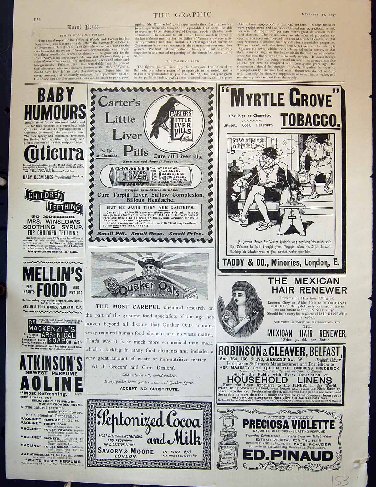 Antique Print Cuticura Carter'S Liver Pills Myrtle Tobacco Quaker Oats 1897