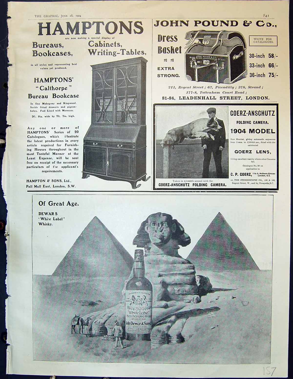 Old Antique Print 1904 Hampton Furniture John Pound Dewars Scotch Whisky 20th